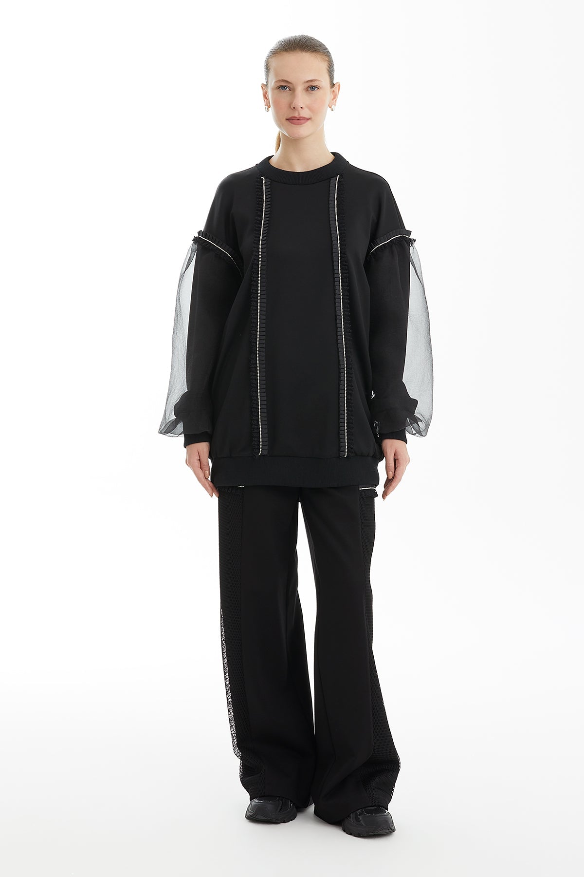 Black Organza-Detail Sweatshirt with Stone Trim