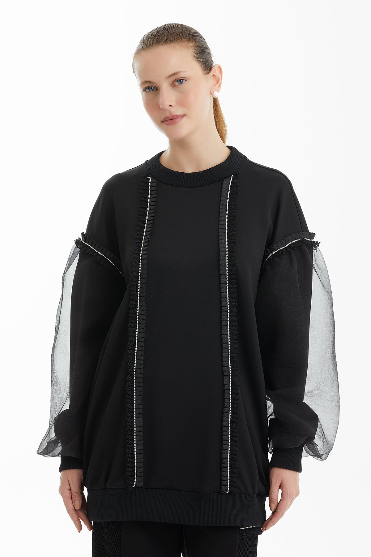 Black Organza-Detail Sweatshirt with Stone Trim