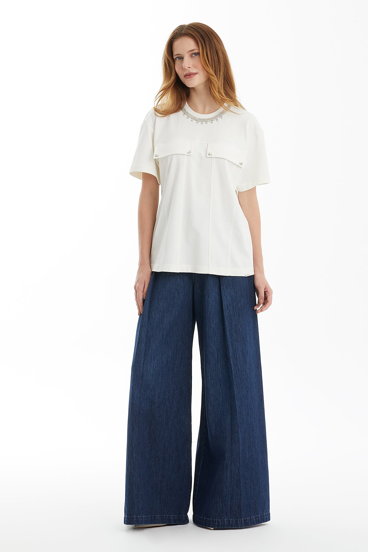Ecru Stone-Trim Detail T-Shirt