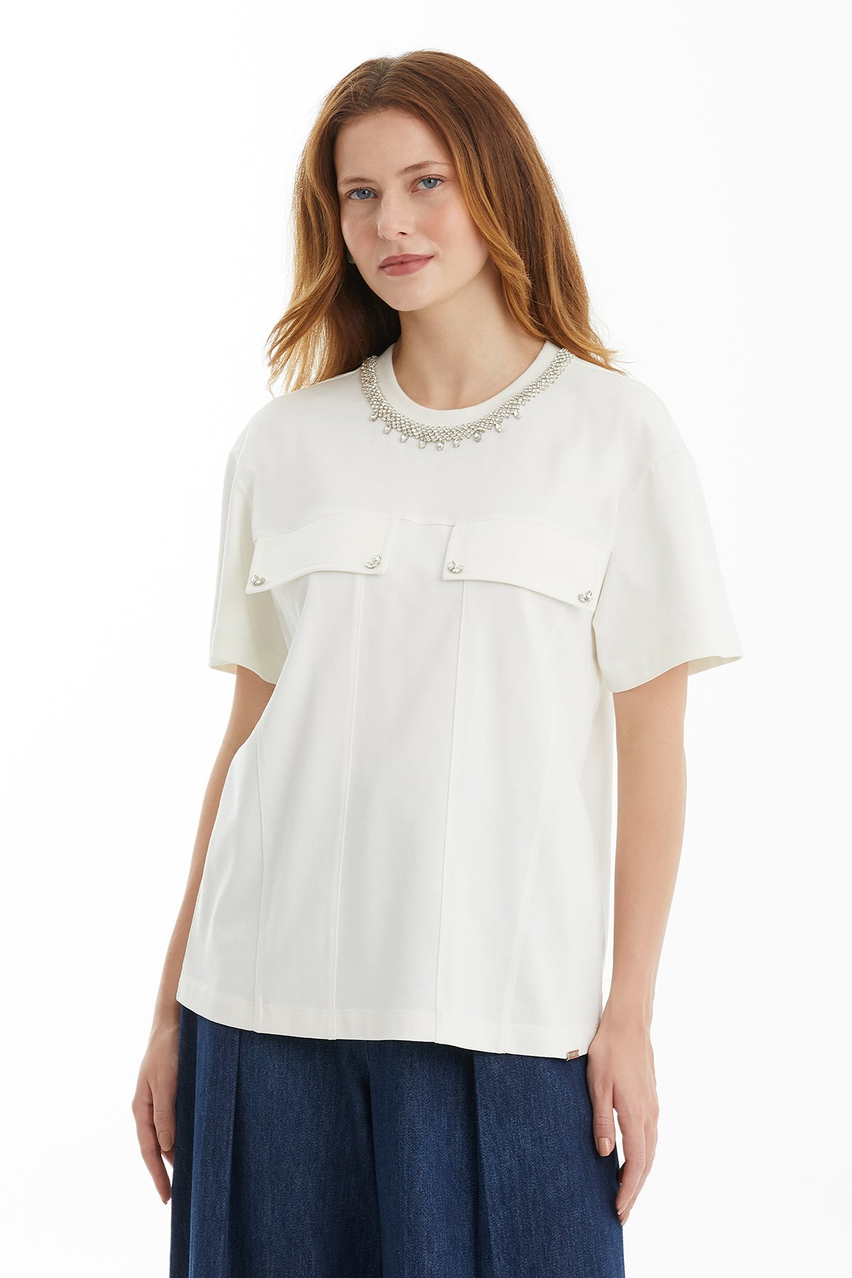 Ecru Stone-Trim Detail T-Shirt
