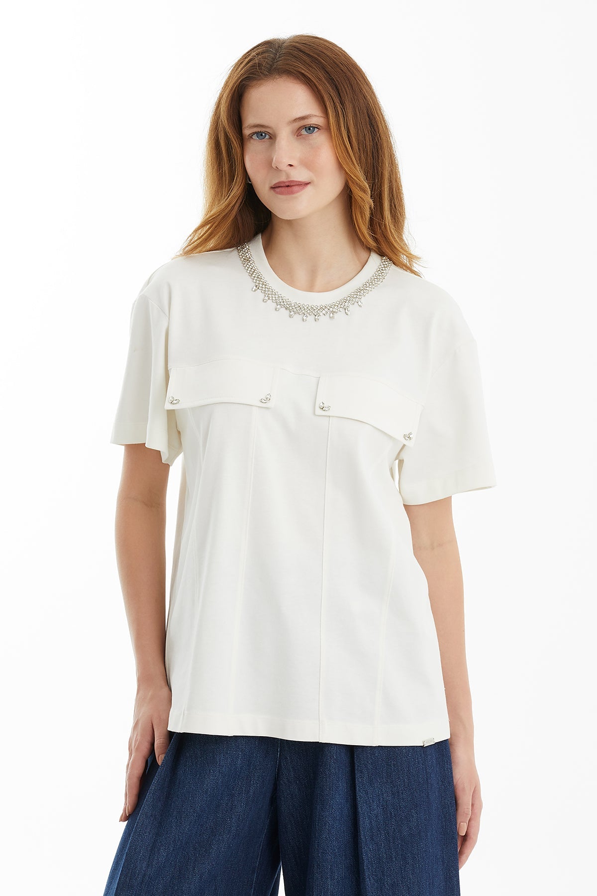 Ecru Stone-Trim Detail T-Shirt