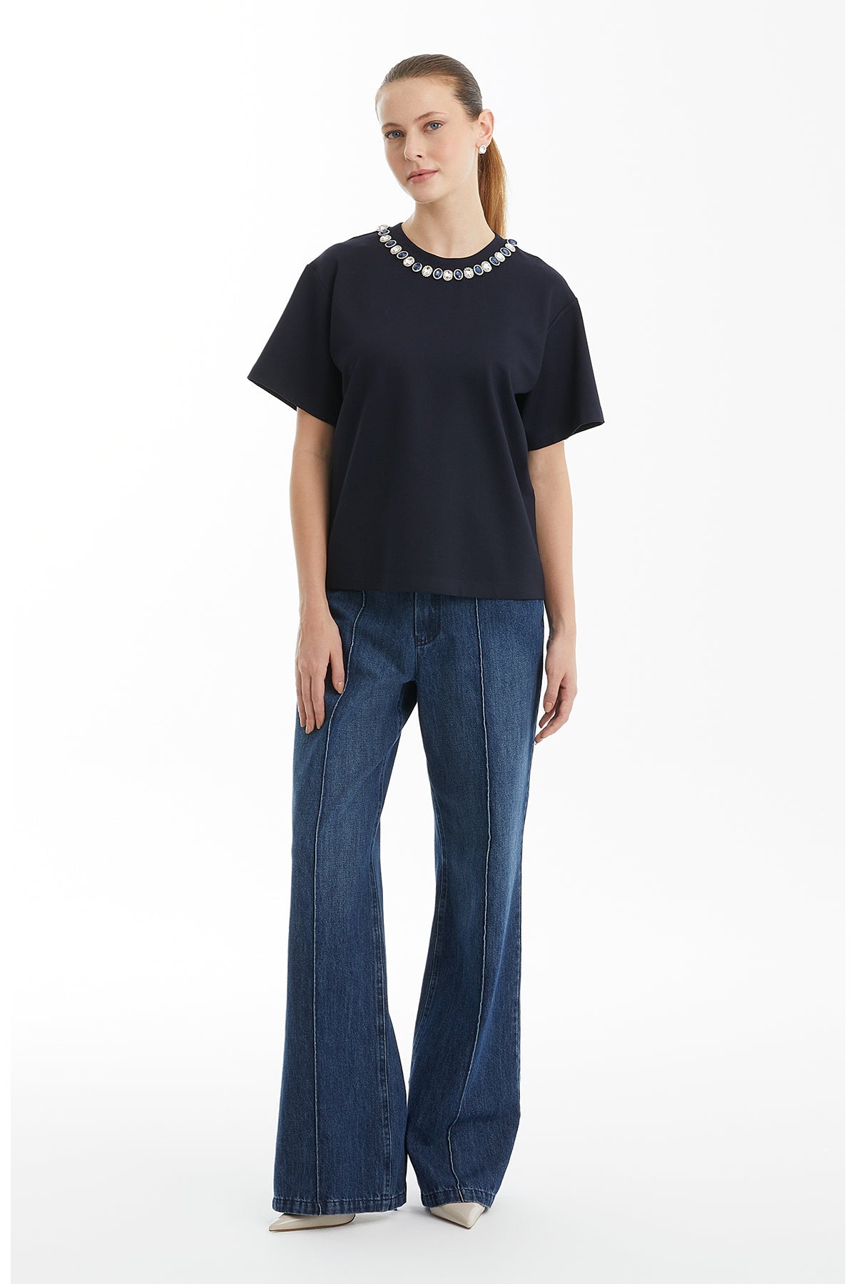 Dark Navy Embroidered Collar Short Sleeve T-Shirt