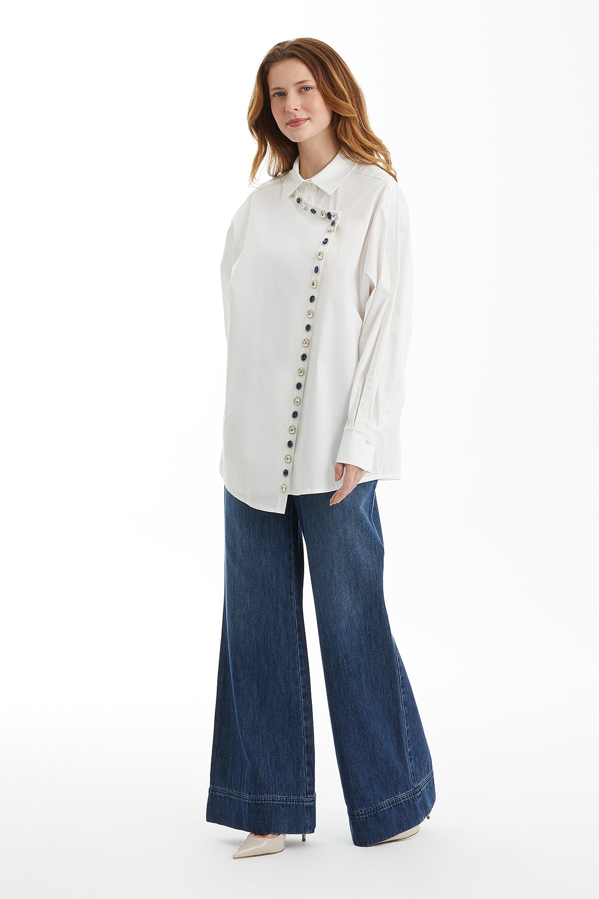 White Asymmetric Detail Embellished Shirt