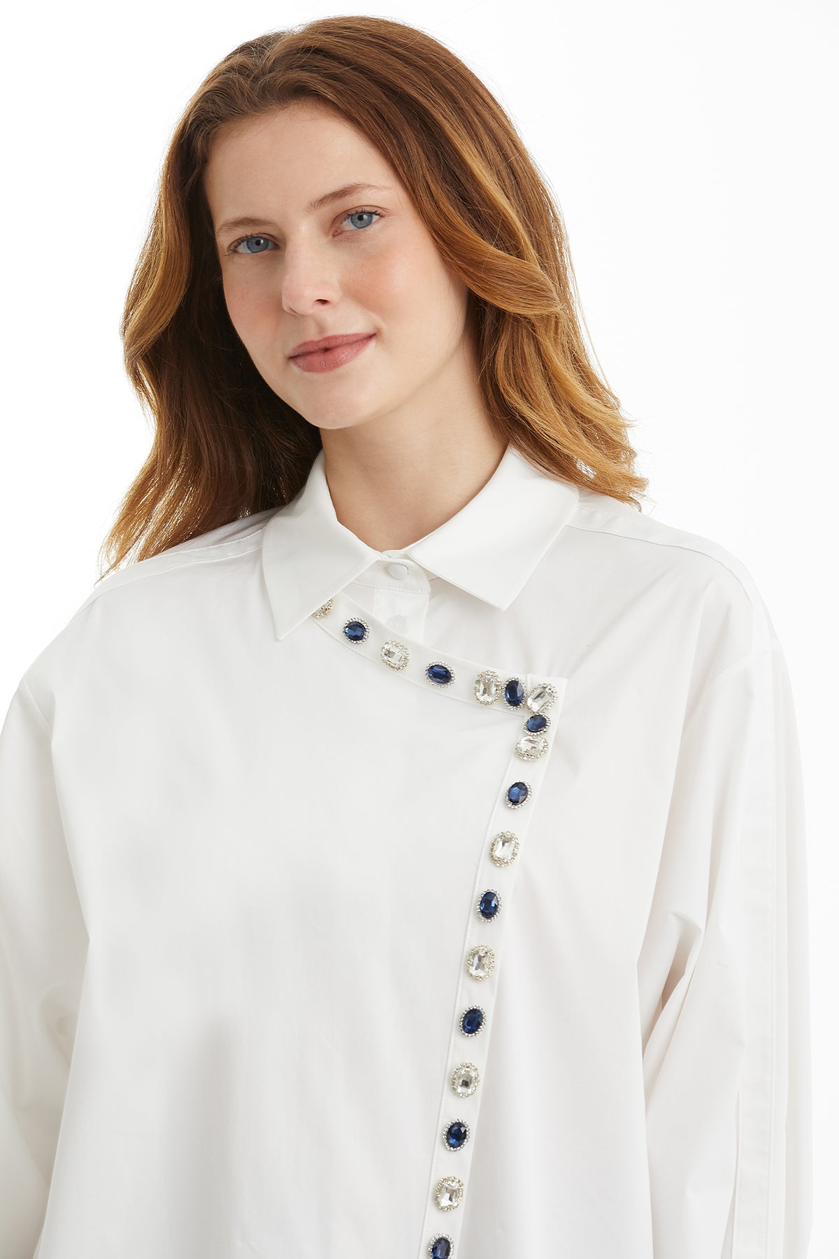 White Asymmetric Detail Embellished Shirt