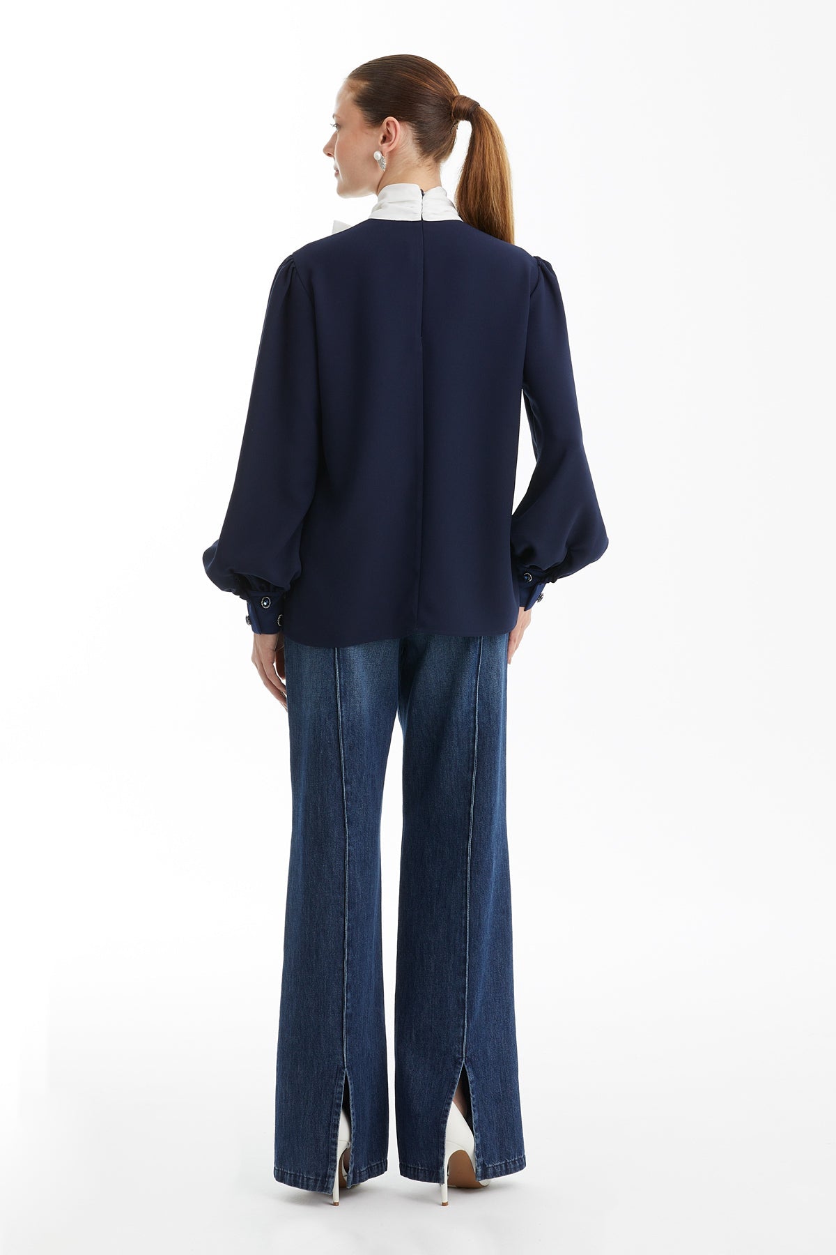 Dark Navy Long-Sleeve Blouse with Scarf Detail