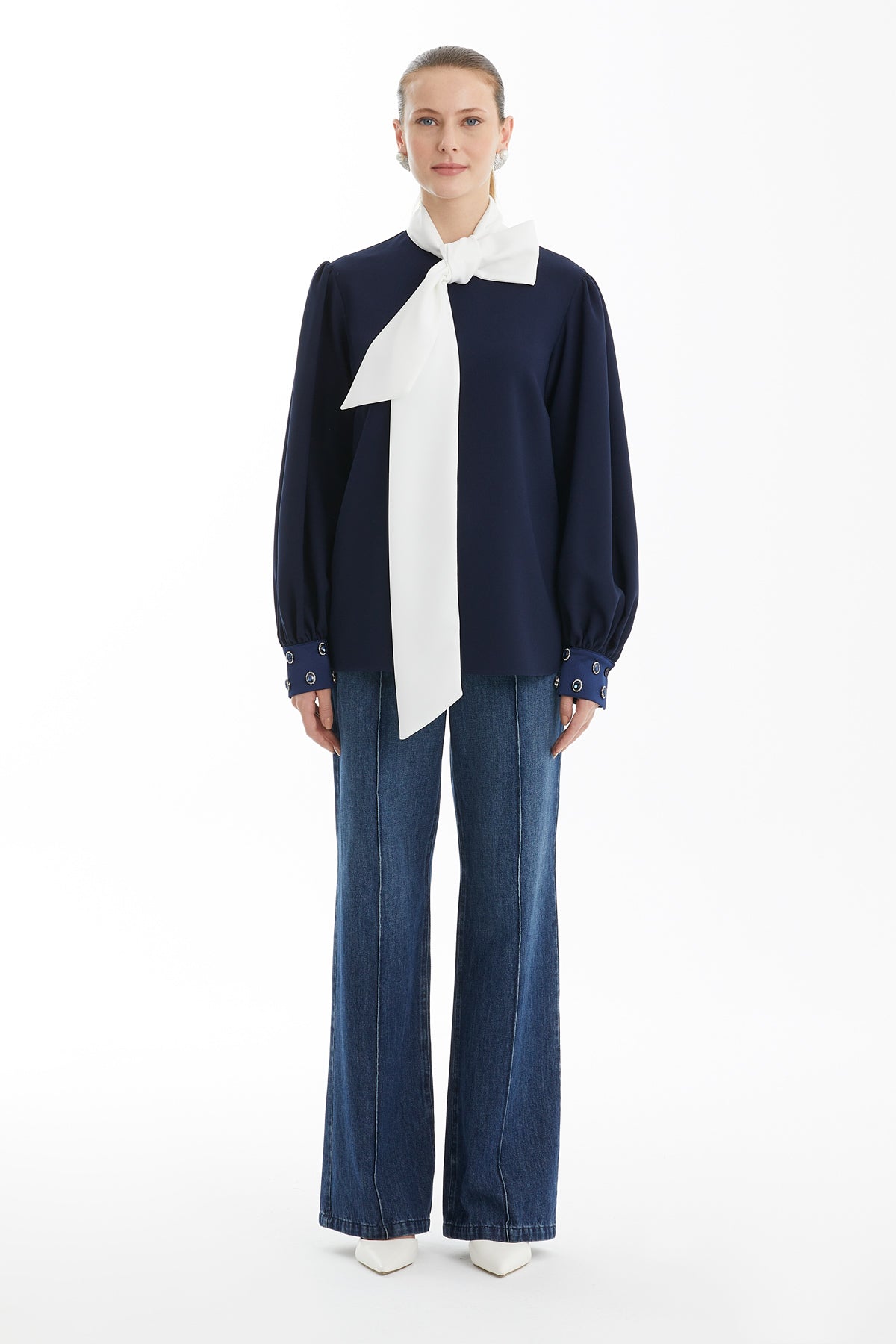 Dark Navy Long-Sleeve Blouse with Scarf Detail