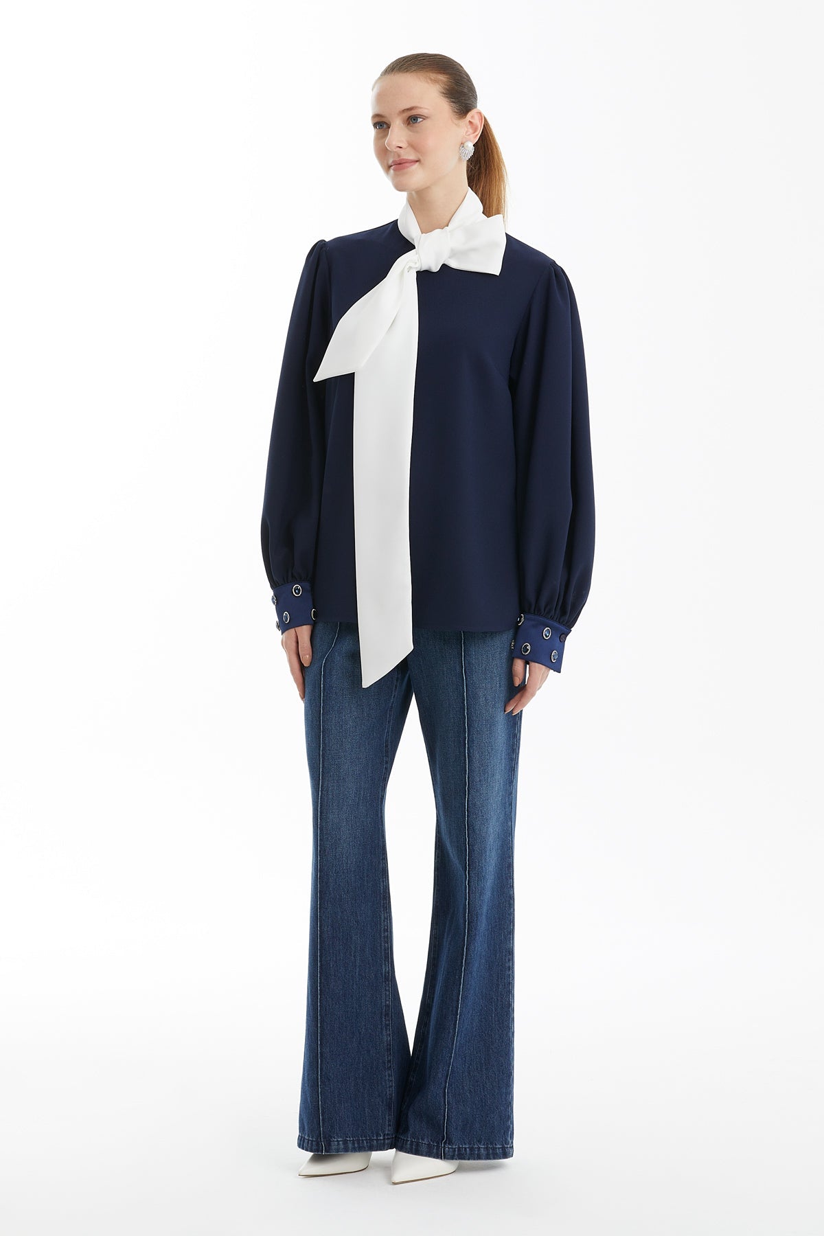 Dark Navy Long-Sleeve Blouse with Scarf Detail