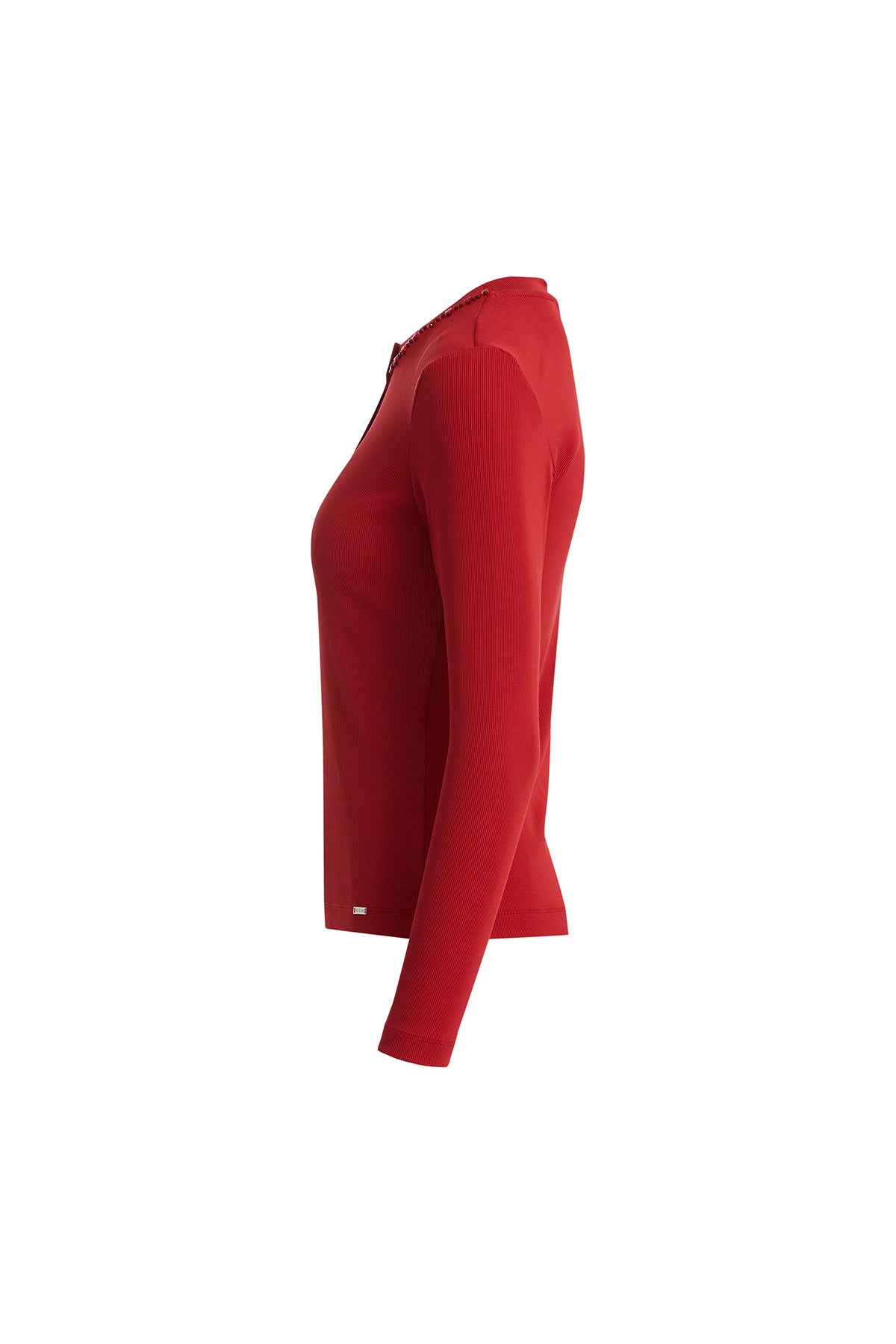Red Long-Sleeve Blouse with Embroidered Collar