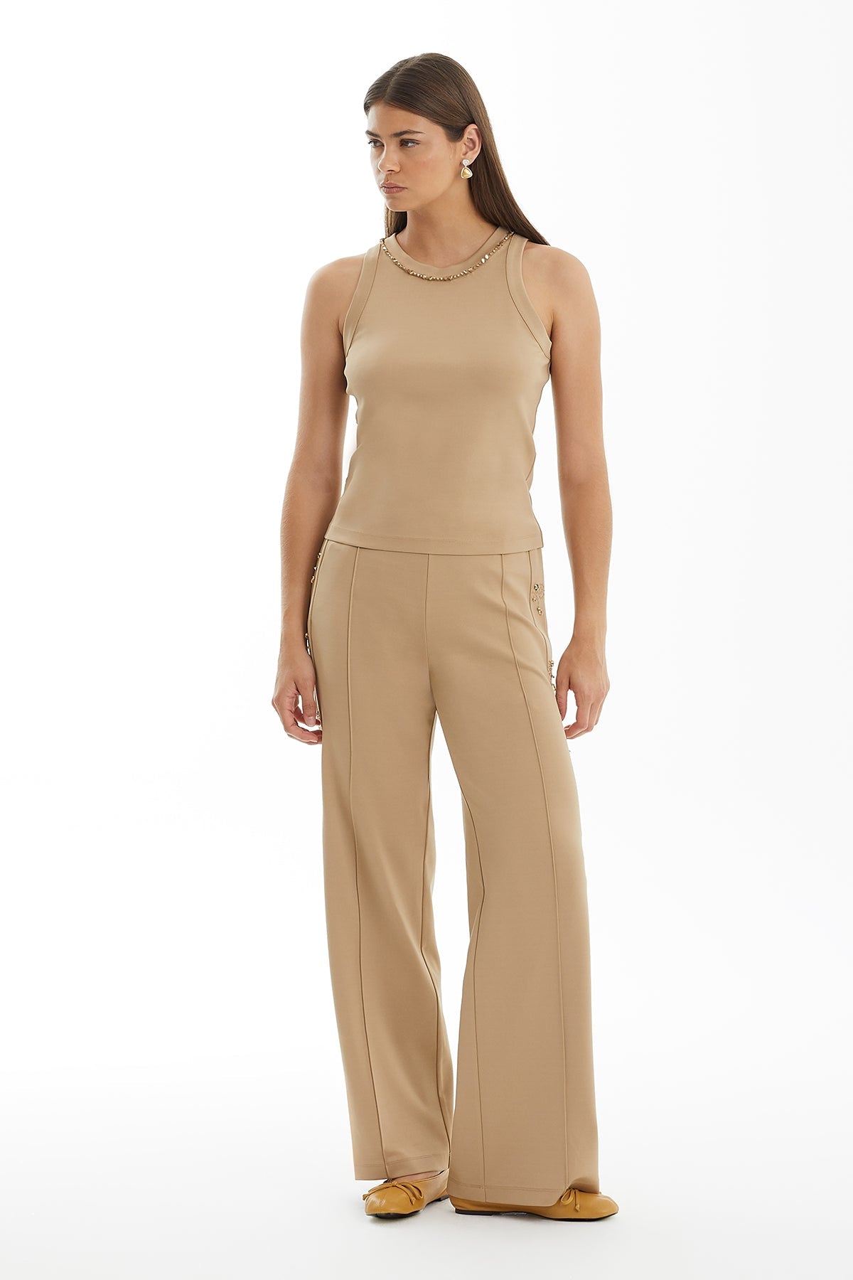 Beige Halter Top with Embroidered Collar