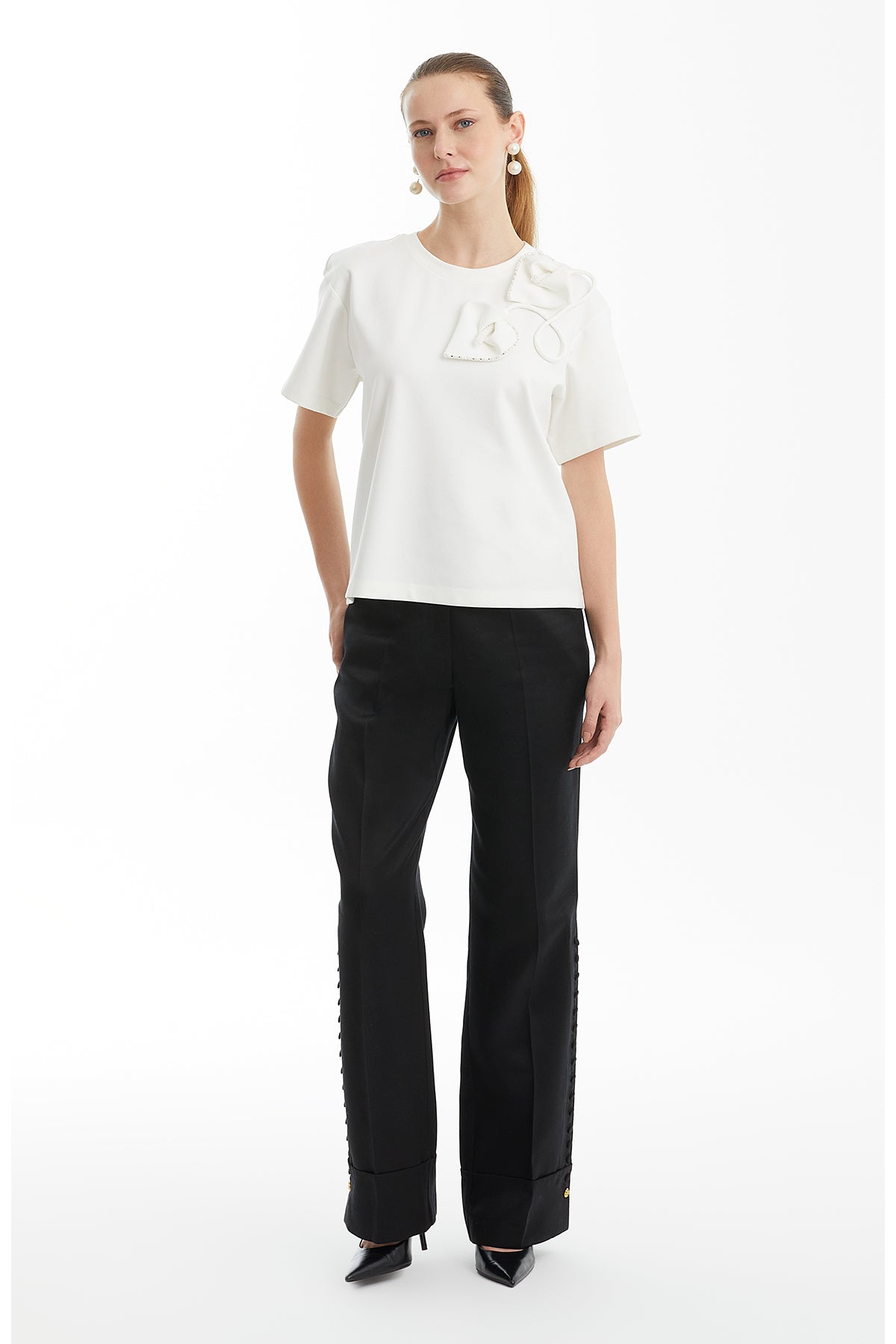 Ecru T-Shirt with Shoulder Appliqué Detail