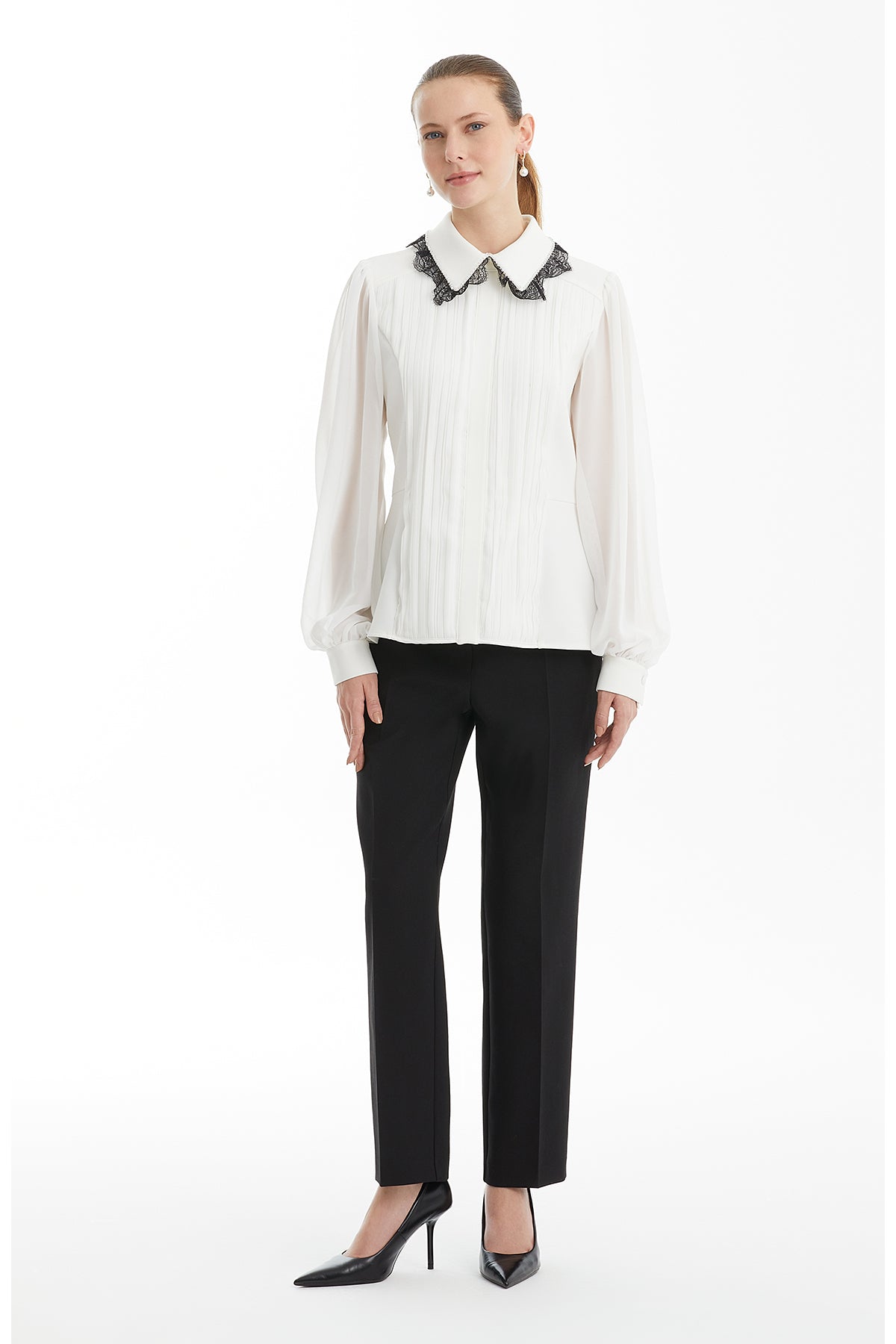 Ecru Pleated Shirt with Lace Collar