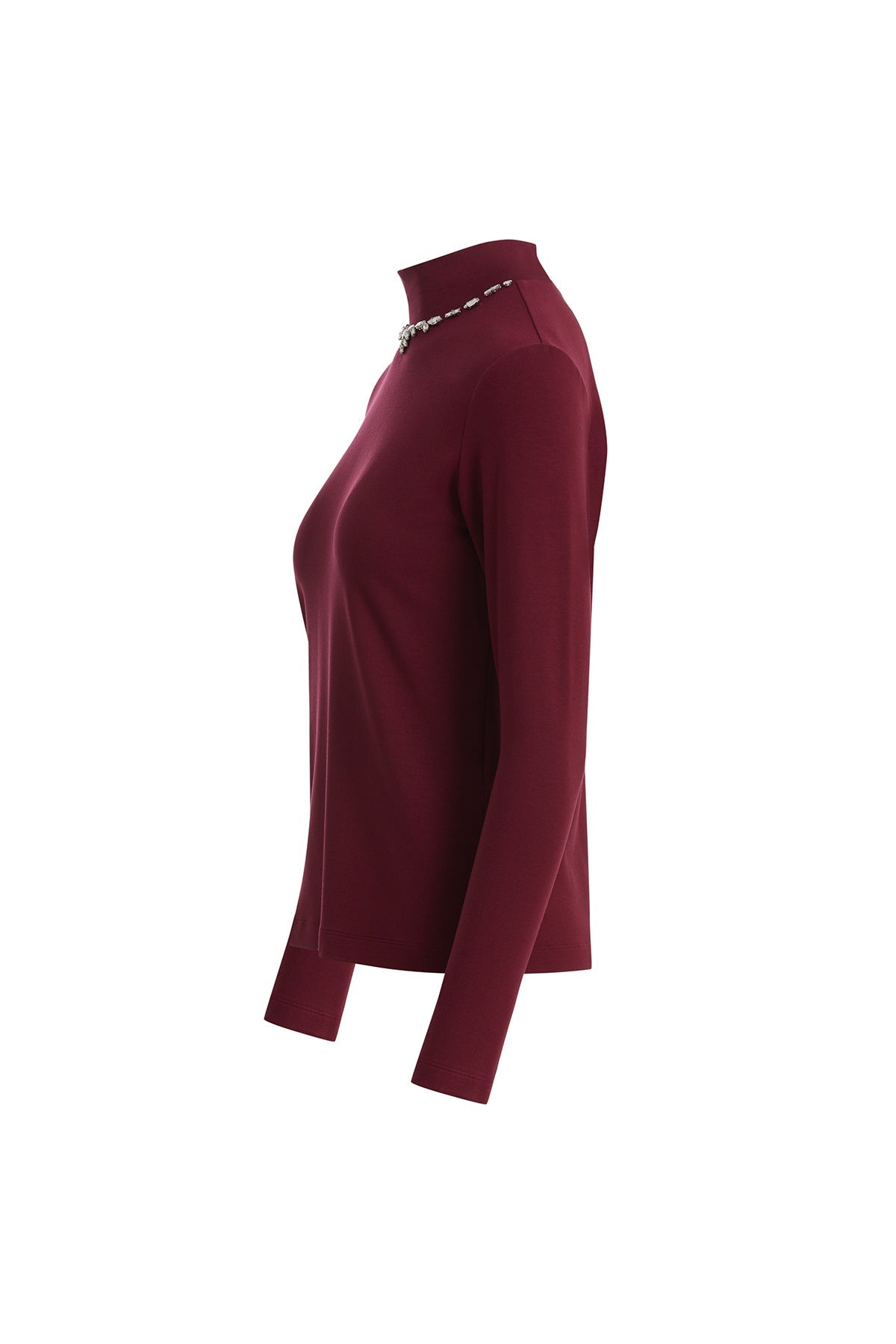 Red Stone-Embellished Turtleneck Blouse