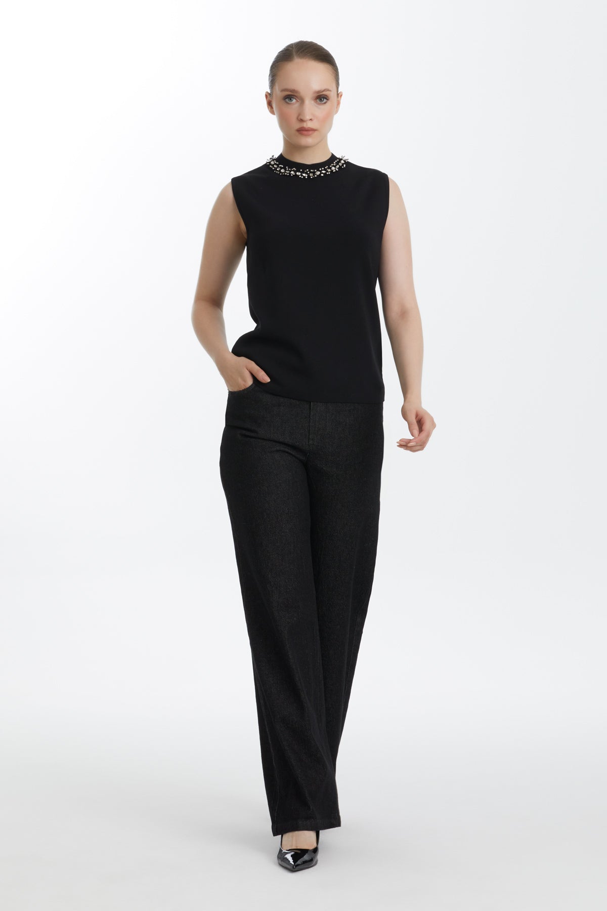 Black Embroidered Sleeveless Knit Top