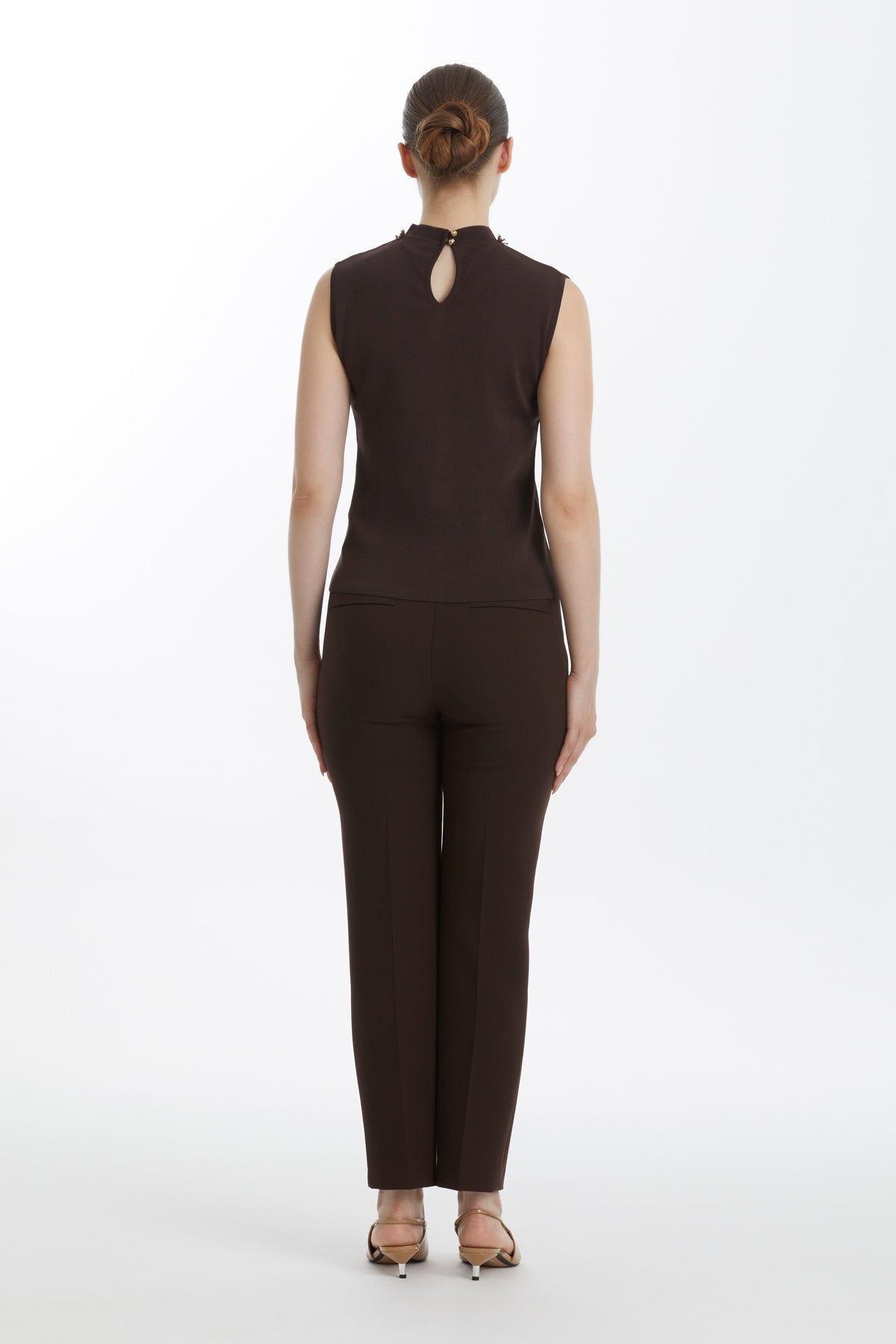 Brown Embroidered Sleeveless Knit Top