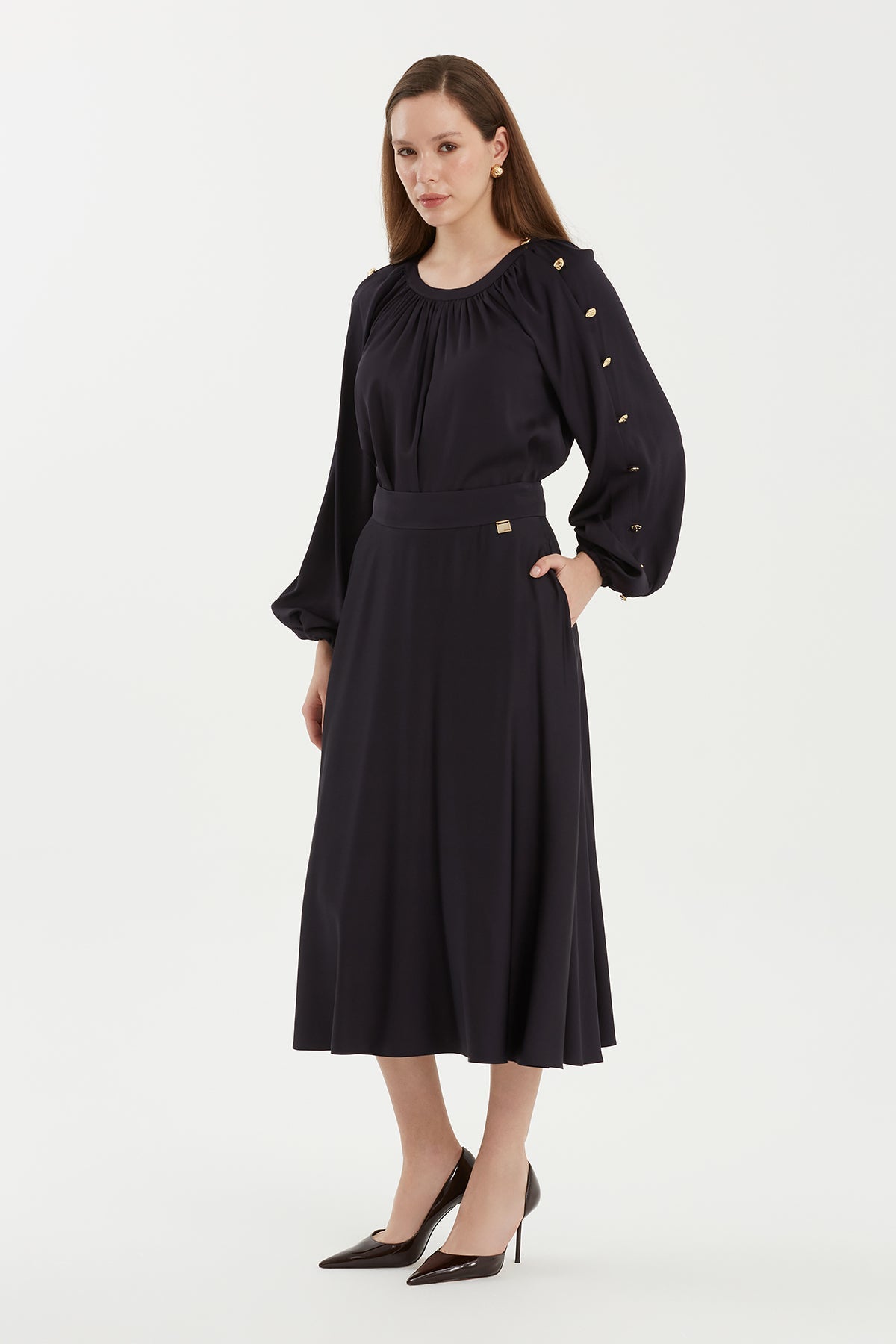 Dark Navy Maxi Flared Skirt with Metal Logo