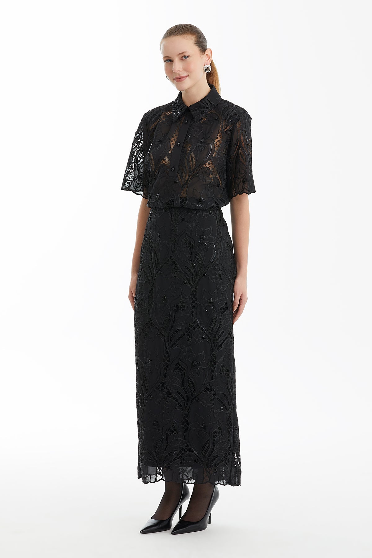 Black Patterned Slit Pencil Skirt