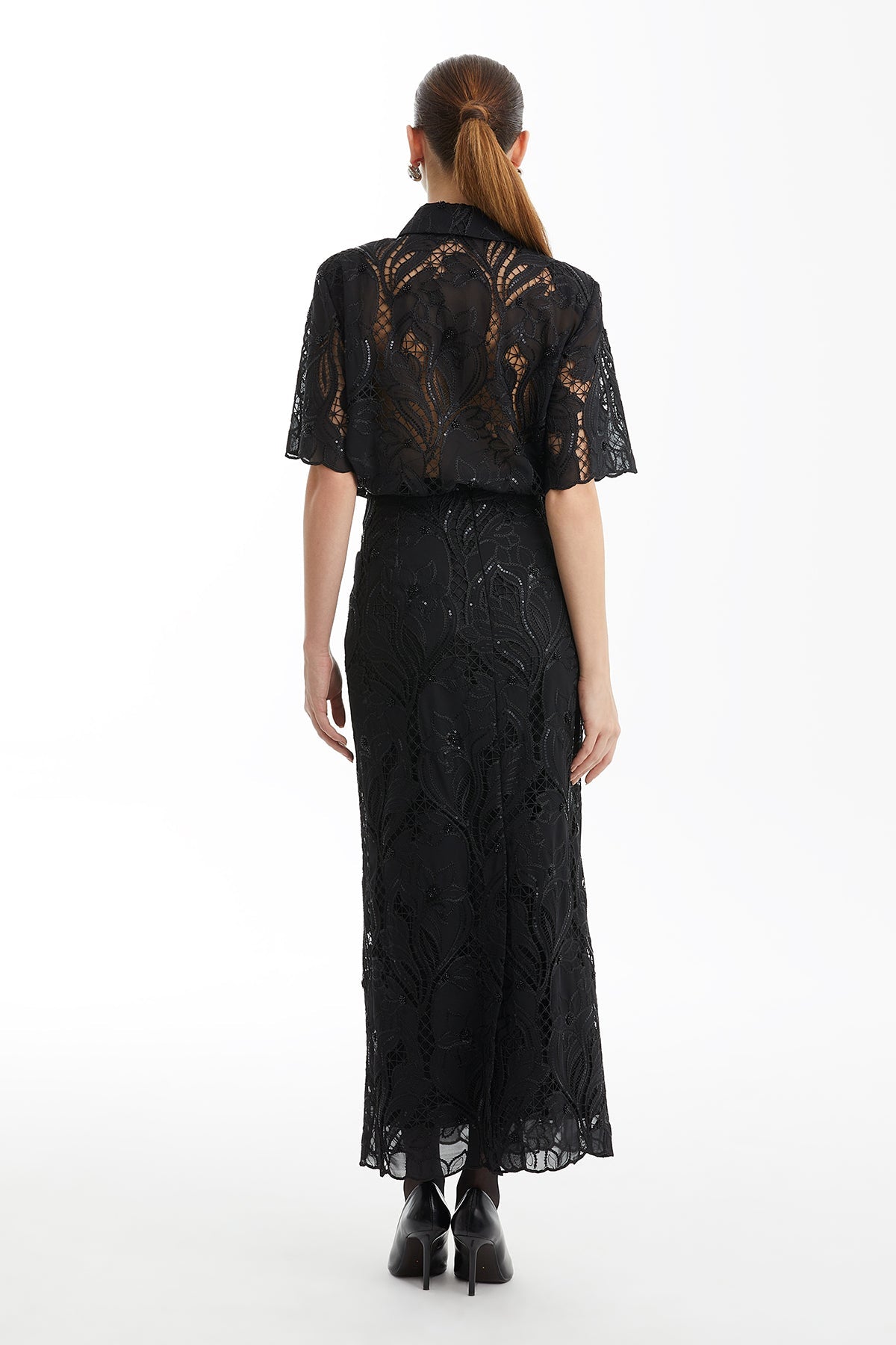 Black Patterned Slit Pencil Skirt