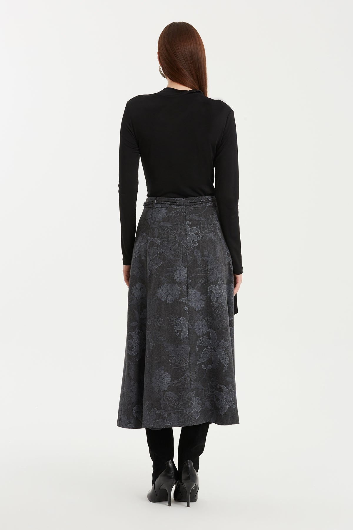 Grey Patterned Midi Flared Skirt with Cord Detail