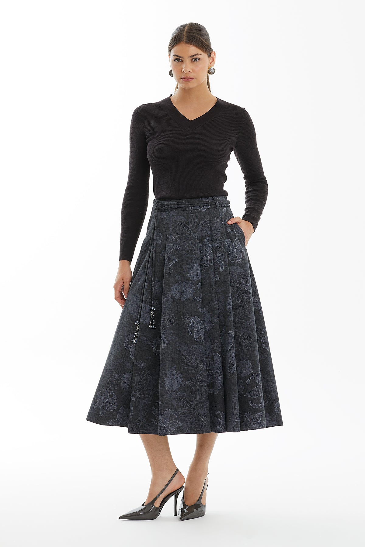 Grey Patterned Midi Flared Skirt with Cord Detail