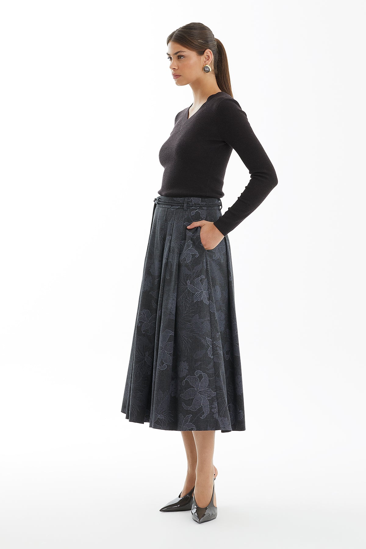 Grey Patterned Midi Flared Skirt with Cord Detail