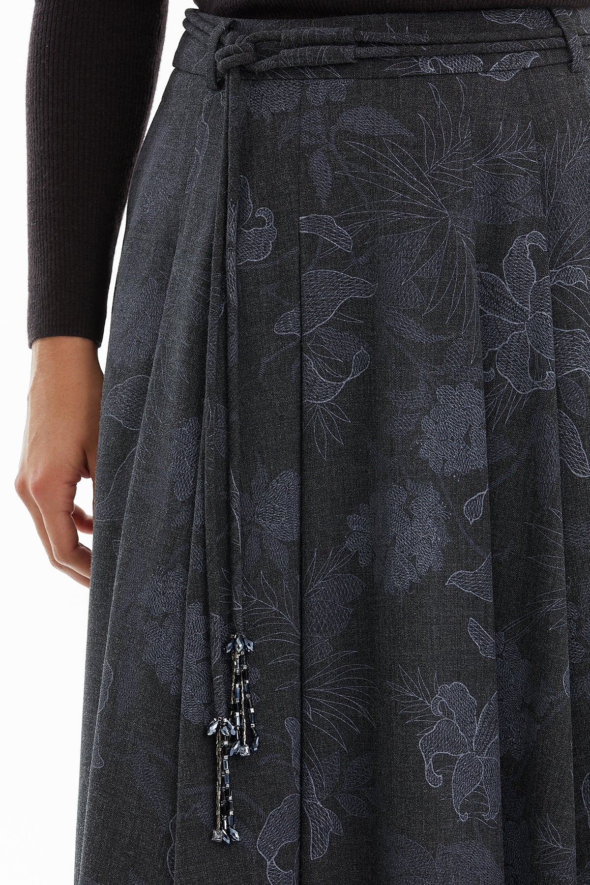 Grey Patterned Midi Flared Skirt with Cord Detail