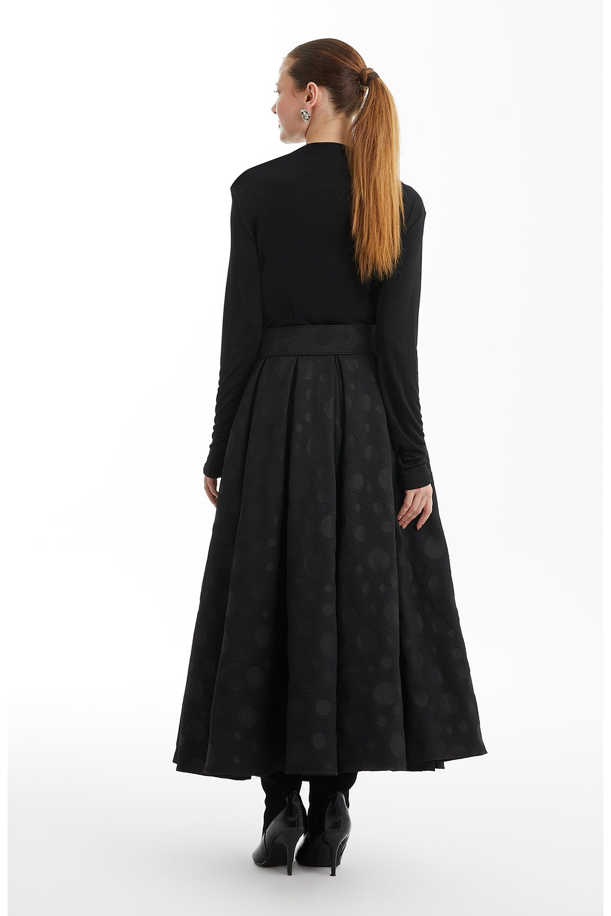 Black Patterned Midi Skirt with Belt Detail