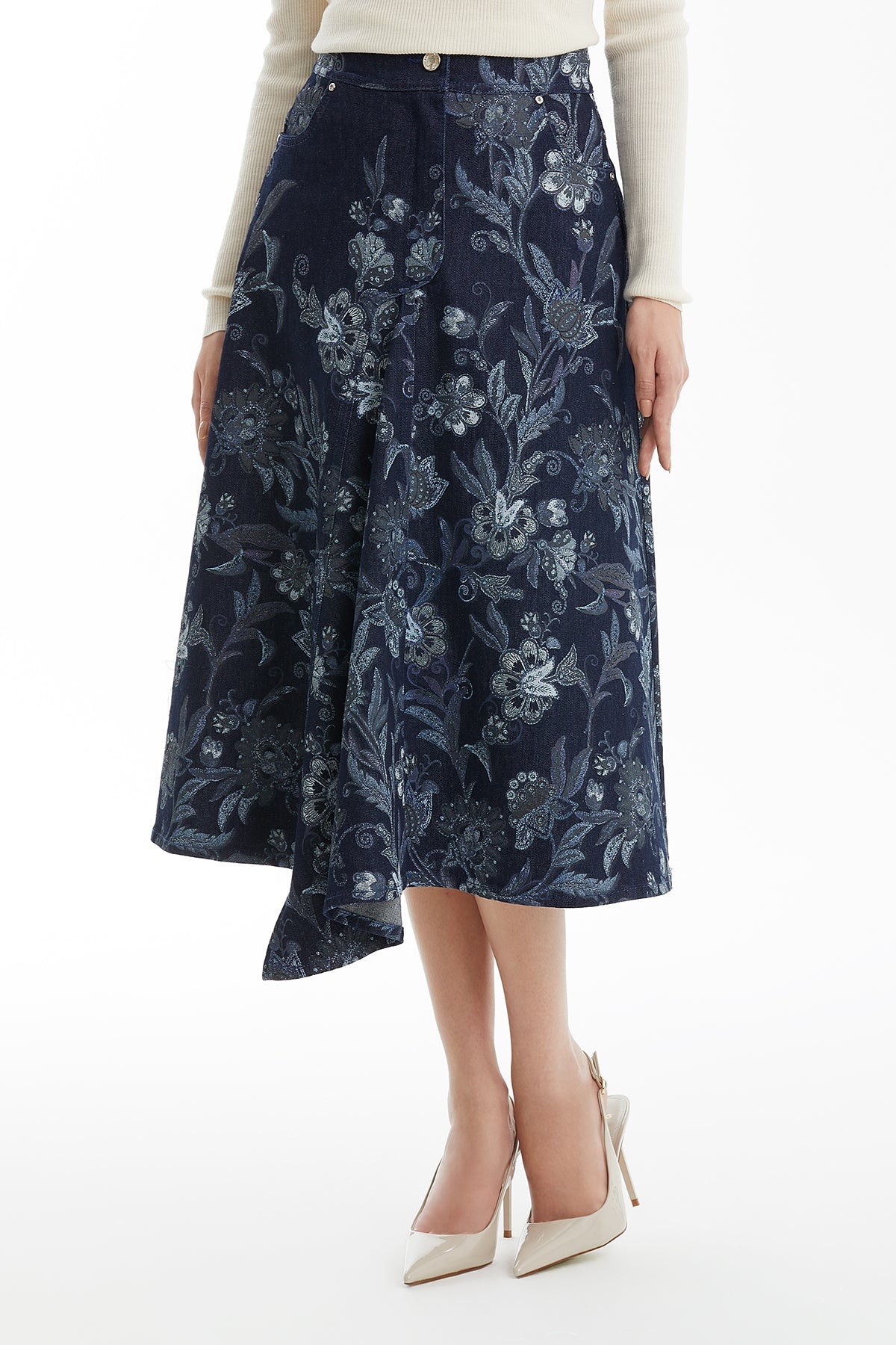 Stone Detail Denim Midi Skirt