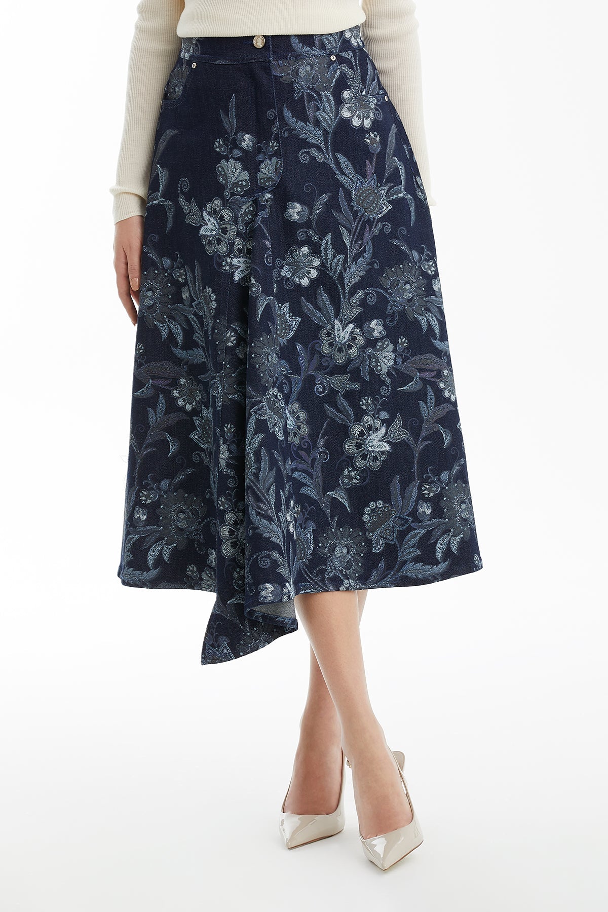 Stone Detail Denim Midi Skirt