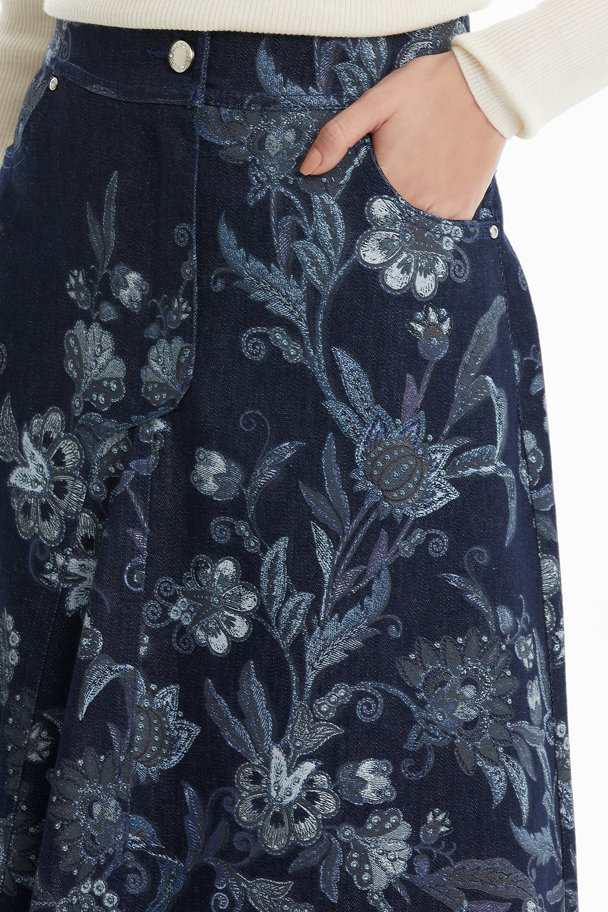 Stone Detail Denim Midi Skirt