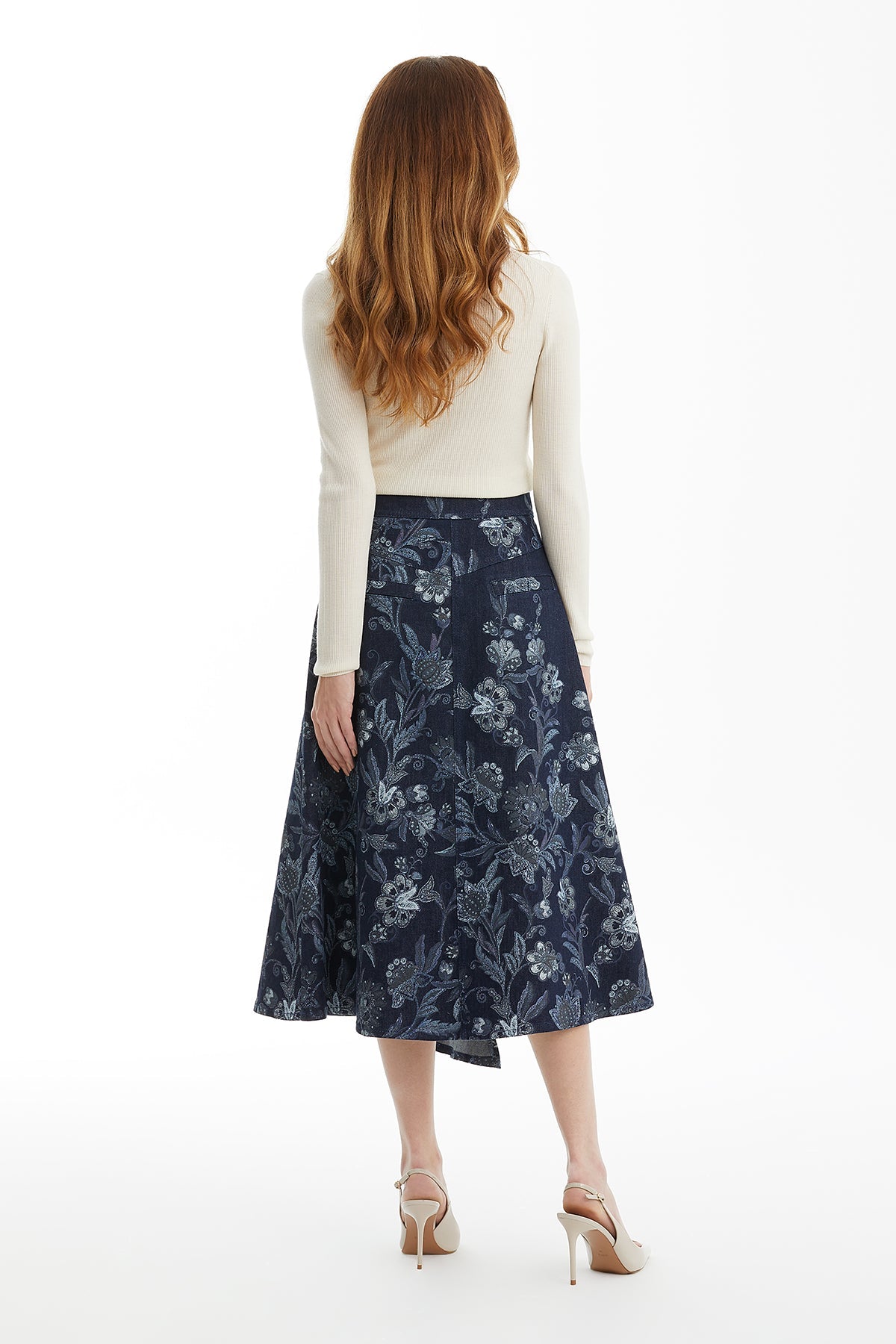Stone Detail Denim Midi Skirt