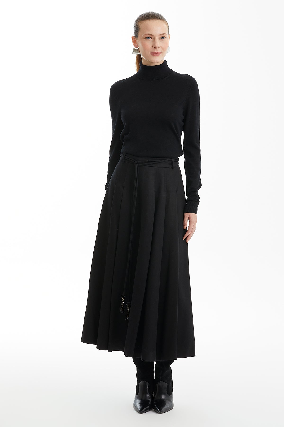 Black Midi Skirt with Embroidered Cord Ends
