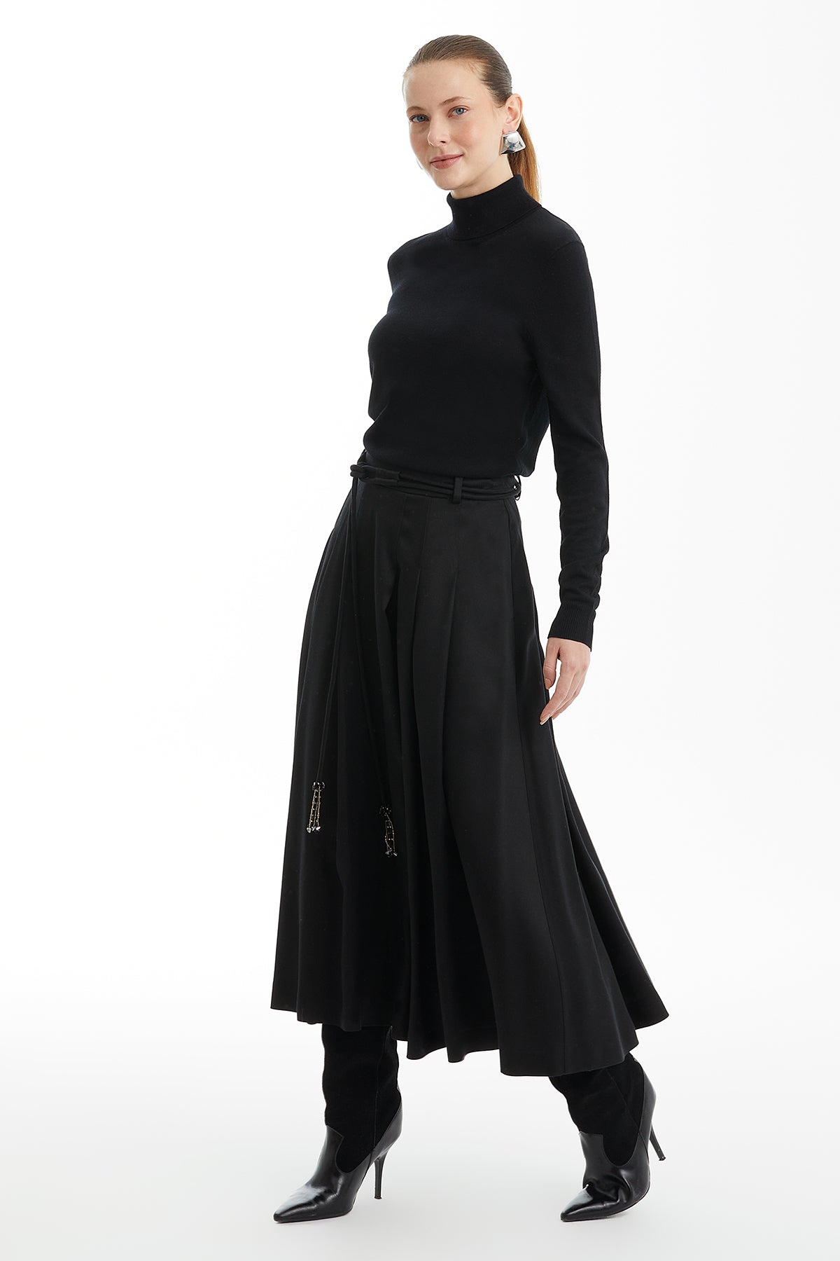 Black Midi Skirt with Embroidered Cord Ends
