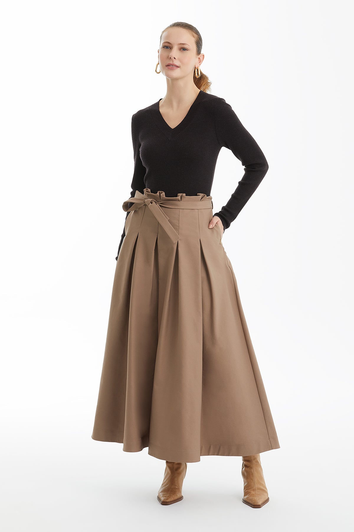 Brown Logo Midi Skirt with Detachable Sash