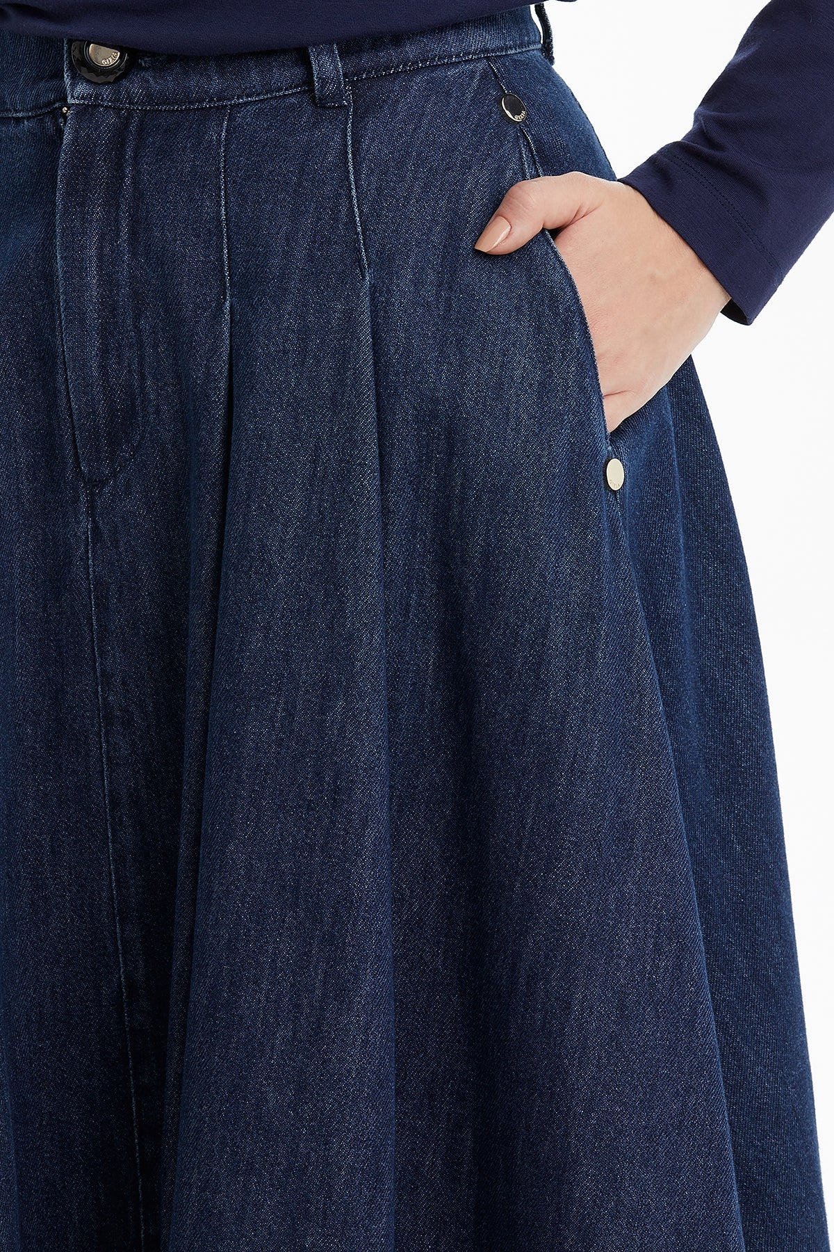 Blue Denim Skirt with Trimmed Ruffle Hem