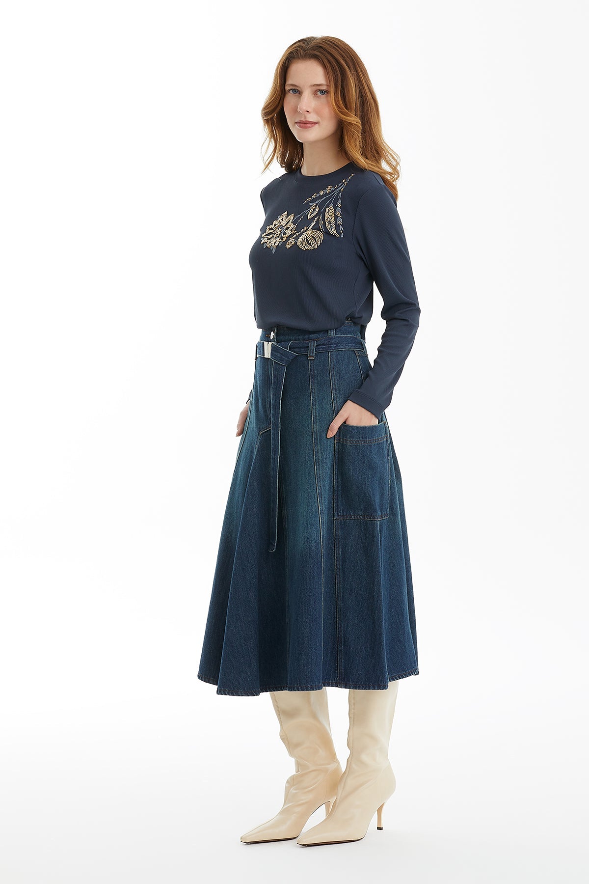 Blue Belted Denim Skirt with Metal Jacron Detail
