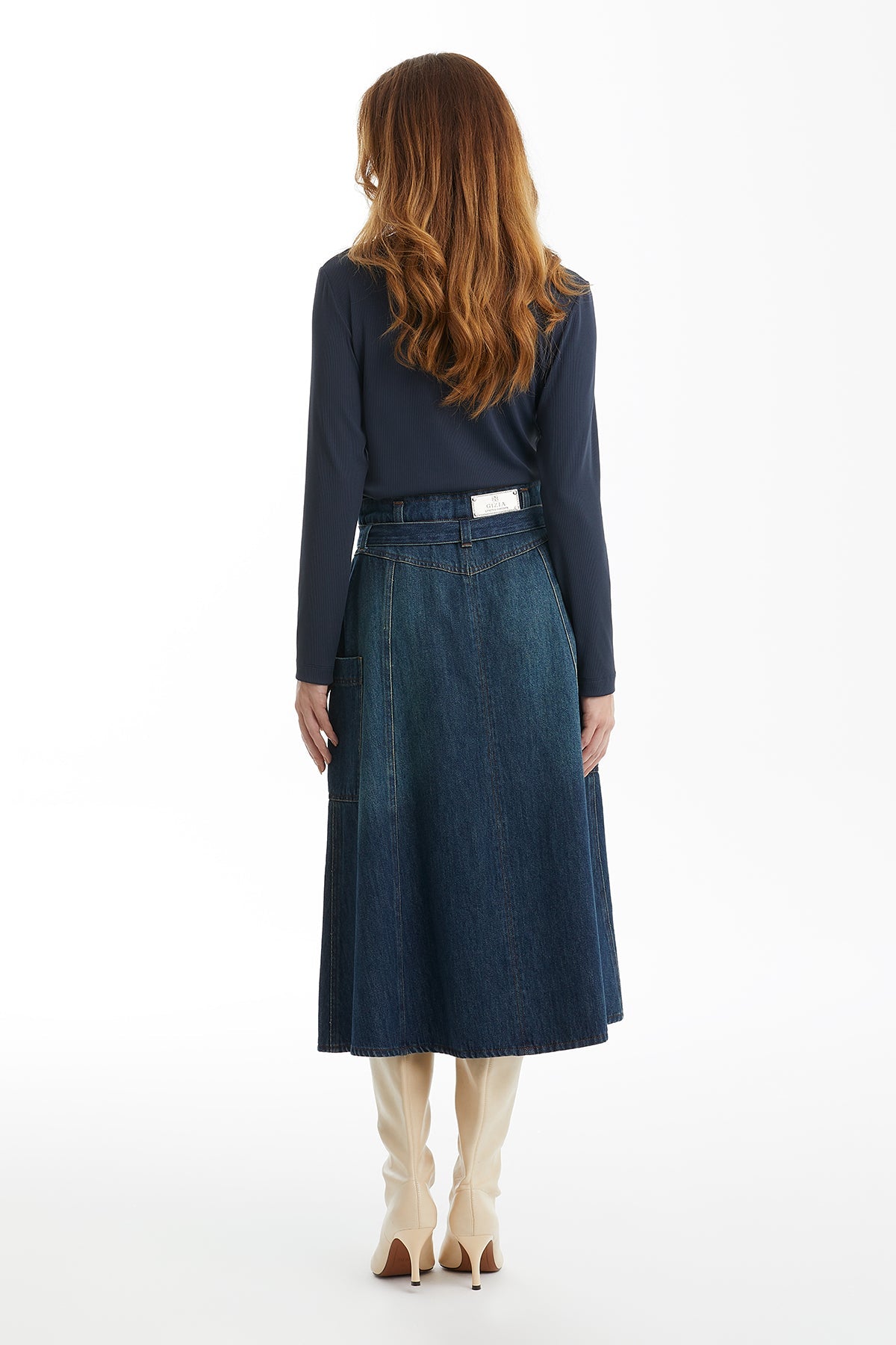 Blue Belted Denim Skirt with Metal Jacron Detail