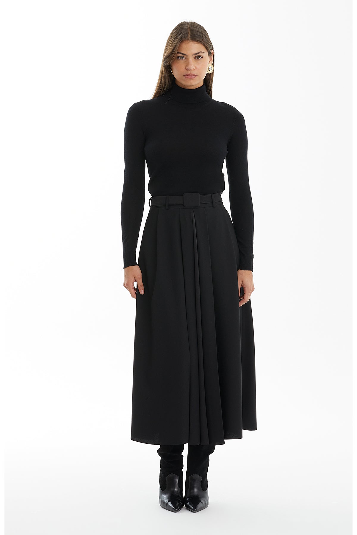 Black Front Pleat Maxi Skirt