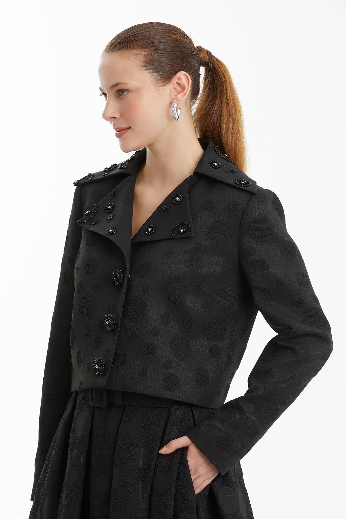 Black Shoulder-Padded Embroidered Jacket