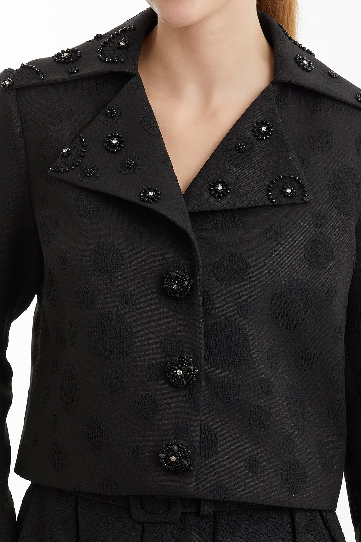 Black Shoulder-Padded Embroidered Jacket