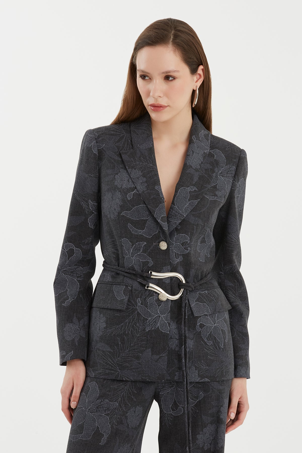 Grey Shoulder-Padded Patterned Jacket