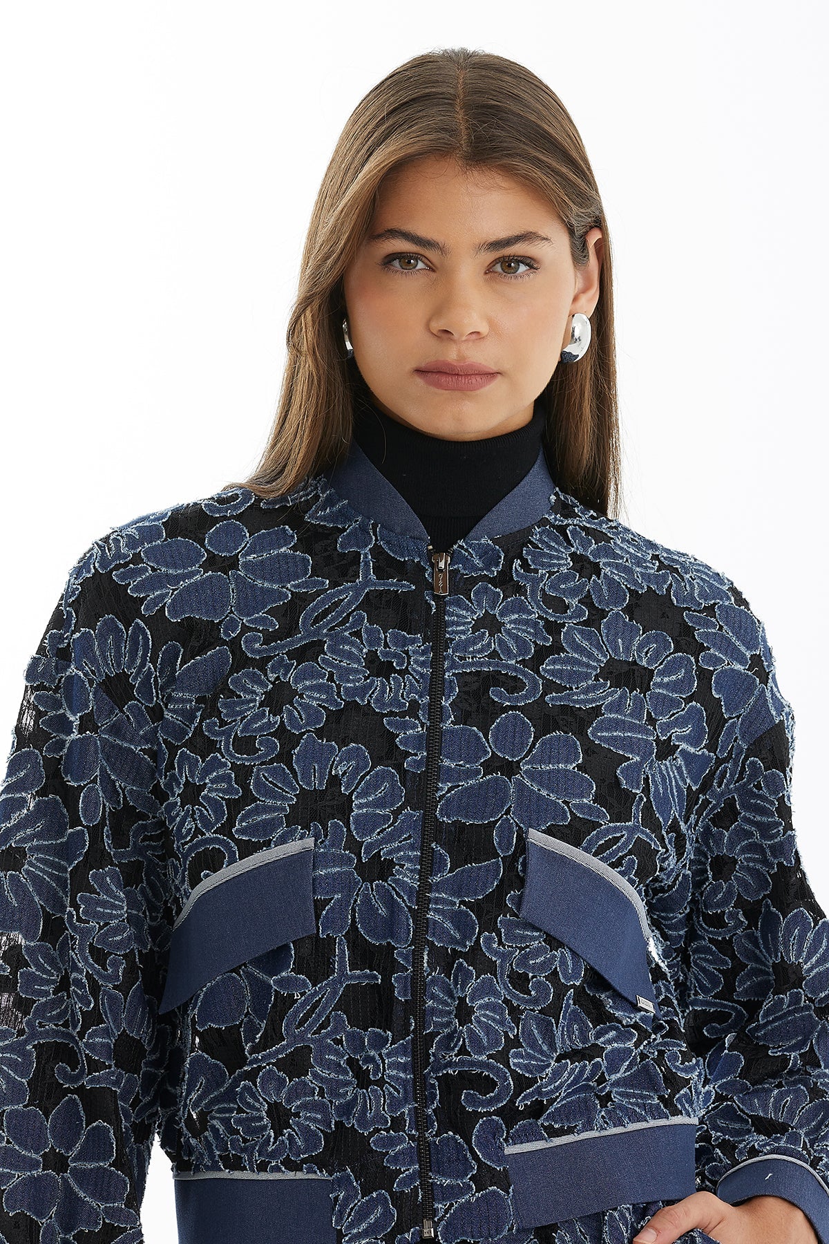 Dark Navy Patterned Jacket with Metal Logo Detail