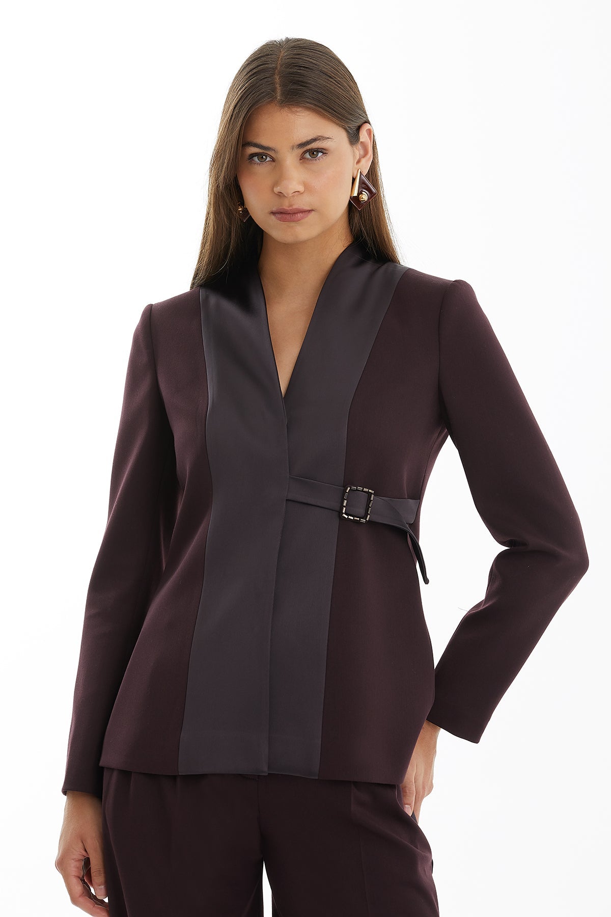 Red Shoulder-Padded Embroidered Jacket with Fabric-Covered Detail