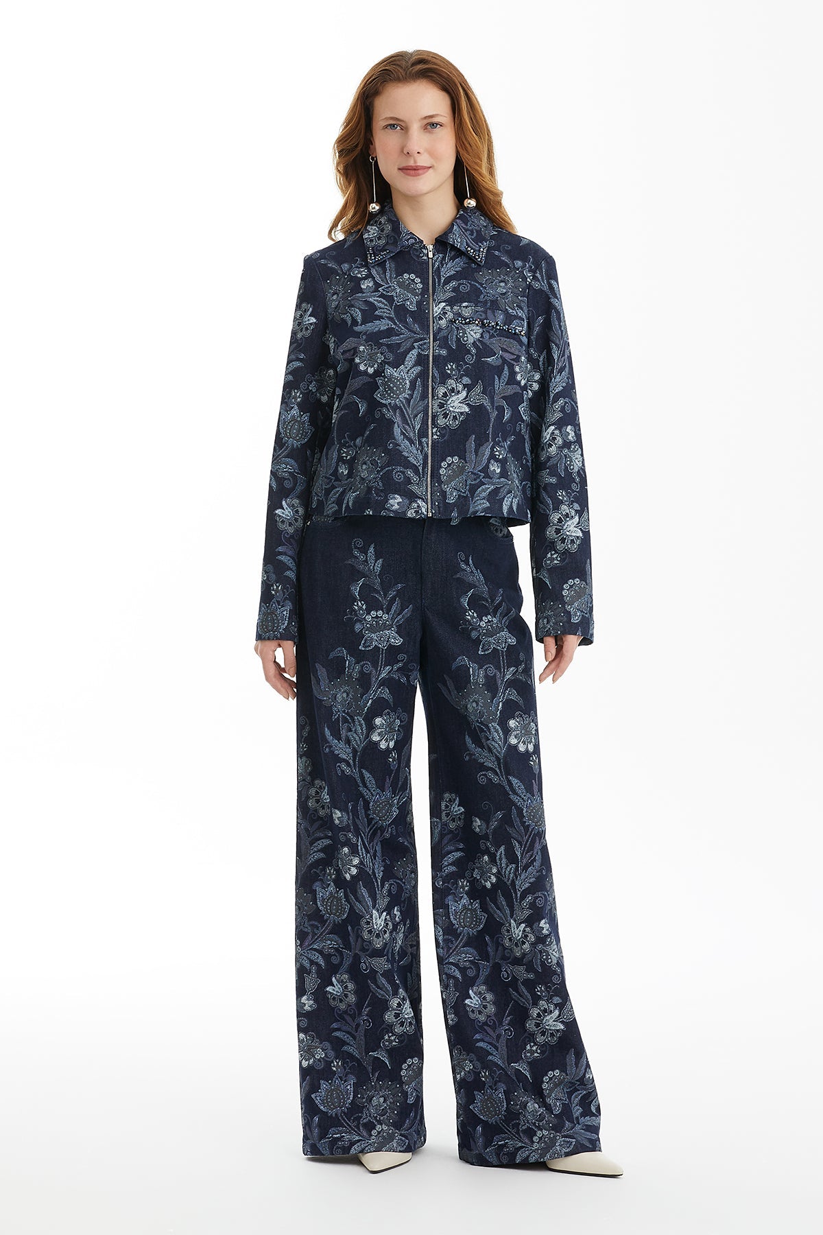 Beaded Detail Patterned Denim Jacket
