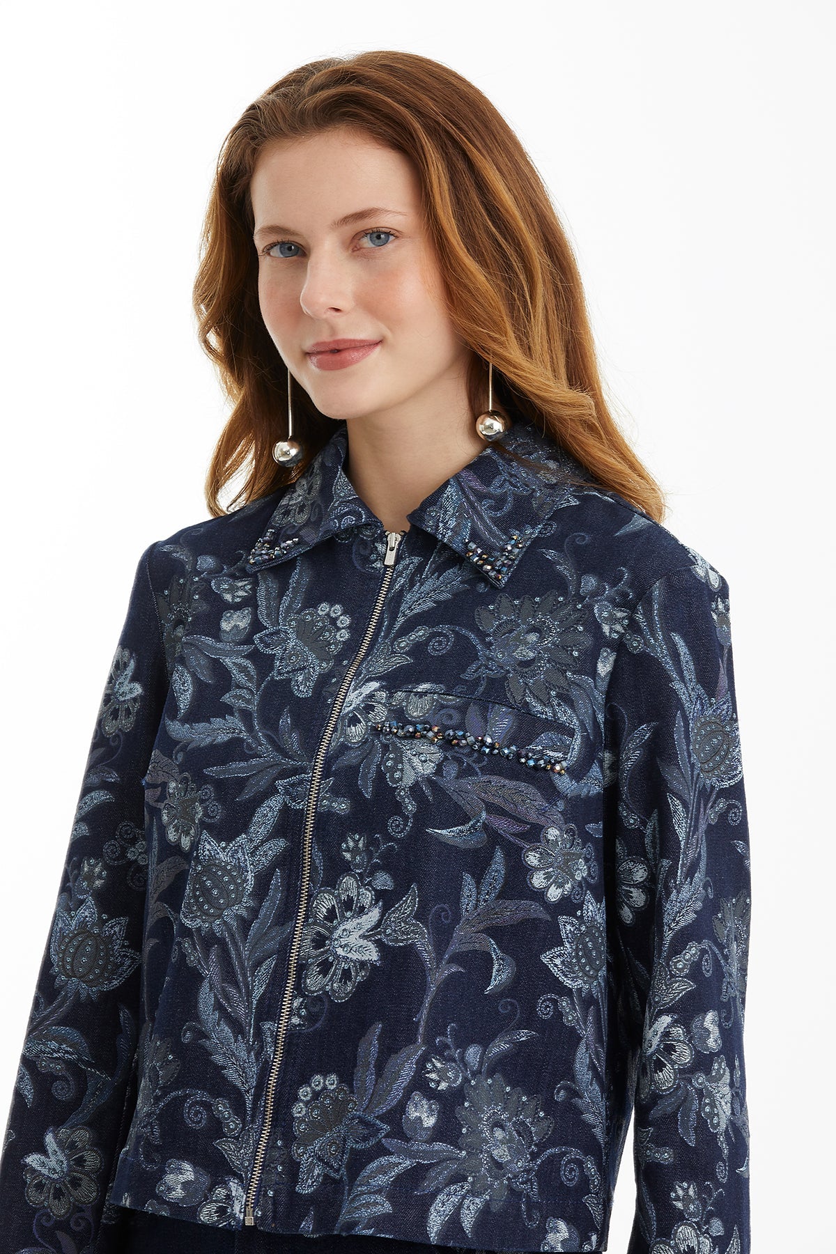 Beaded Detail Patterned Denim Jacket