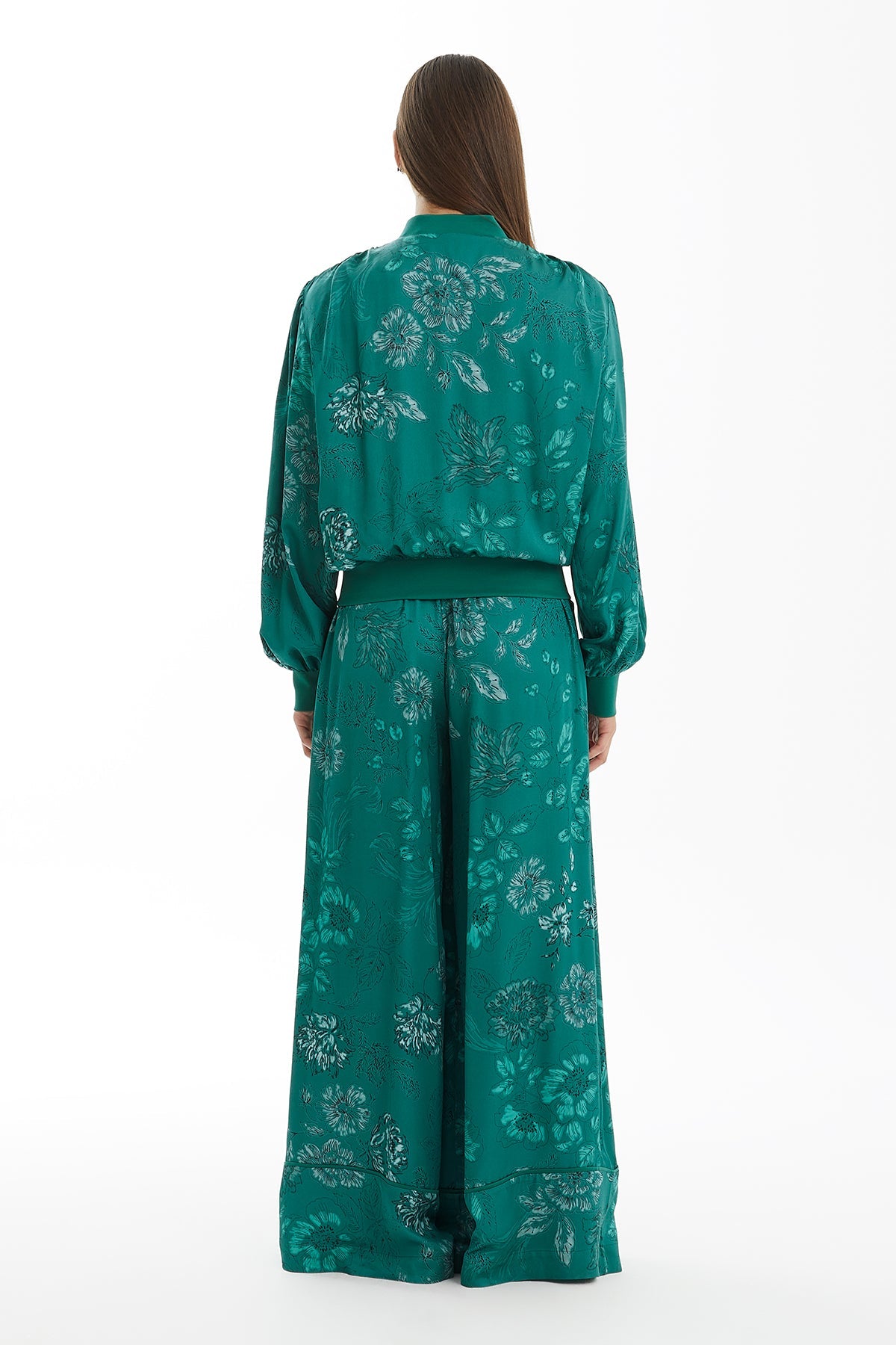 Green Zip-Front Contrast Pattern Jacket