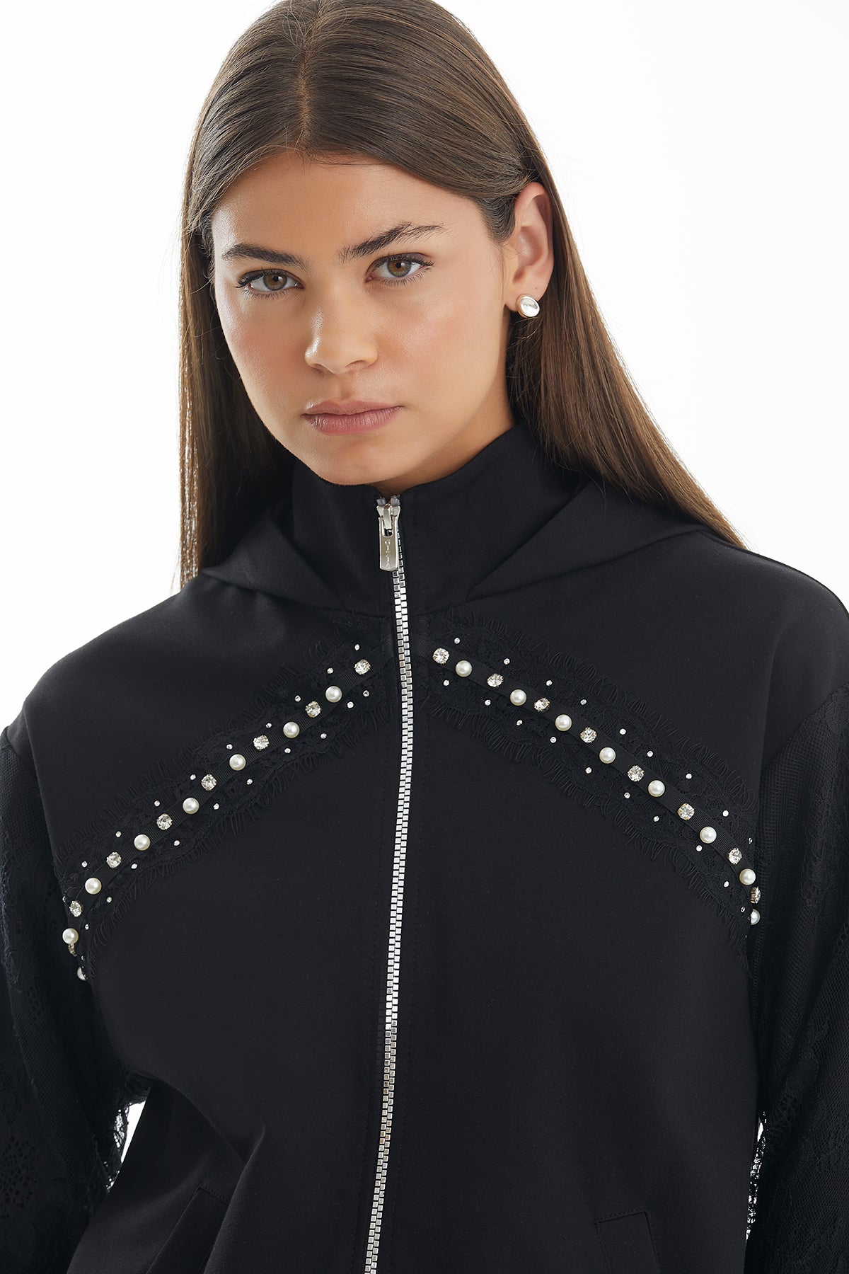 Black Lace Detail Embroidered Jacket