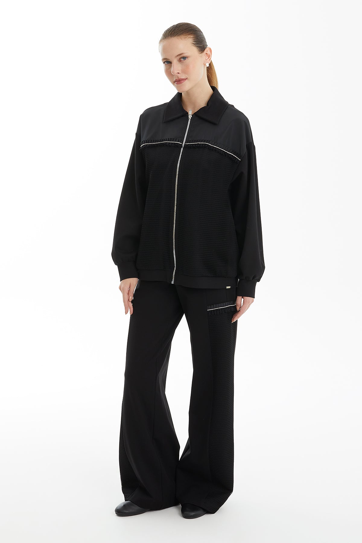 Black Embellished Jacket with Mesh Detail