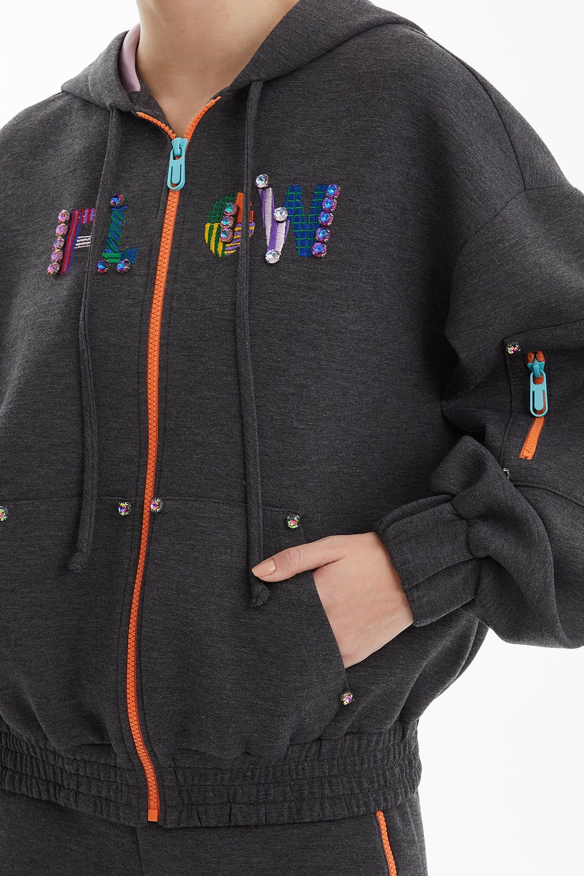 Grey Colorful Embroidered Detail Jacket