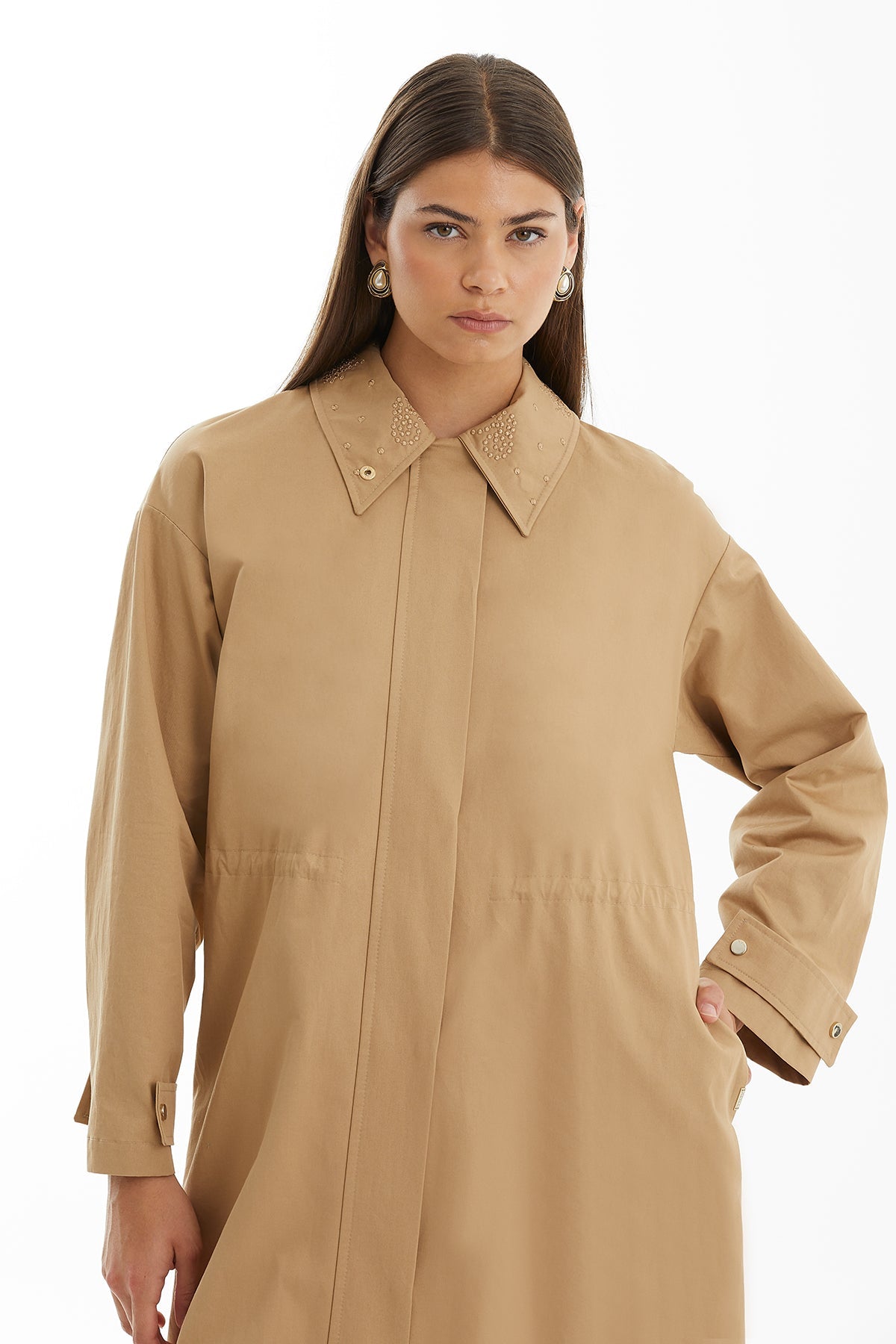 Brown Raised Embroidery Trench Coat