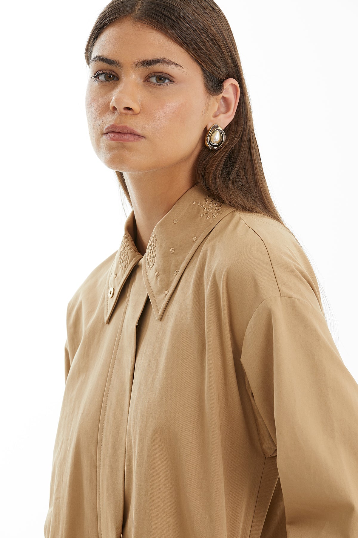 Brown Raised Embroidery Trench Coat